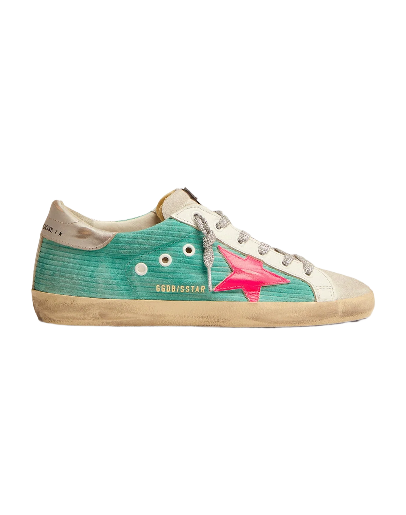 Women | Super-Star Sneakers Turquoise Suede with Corduroy Print & Fluorescent Pink Leather Star | Maldive x Fluo Pink x Optic White x Silver - Image 2