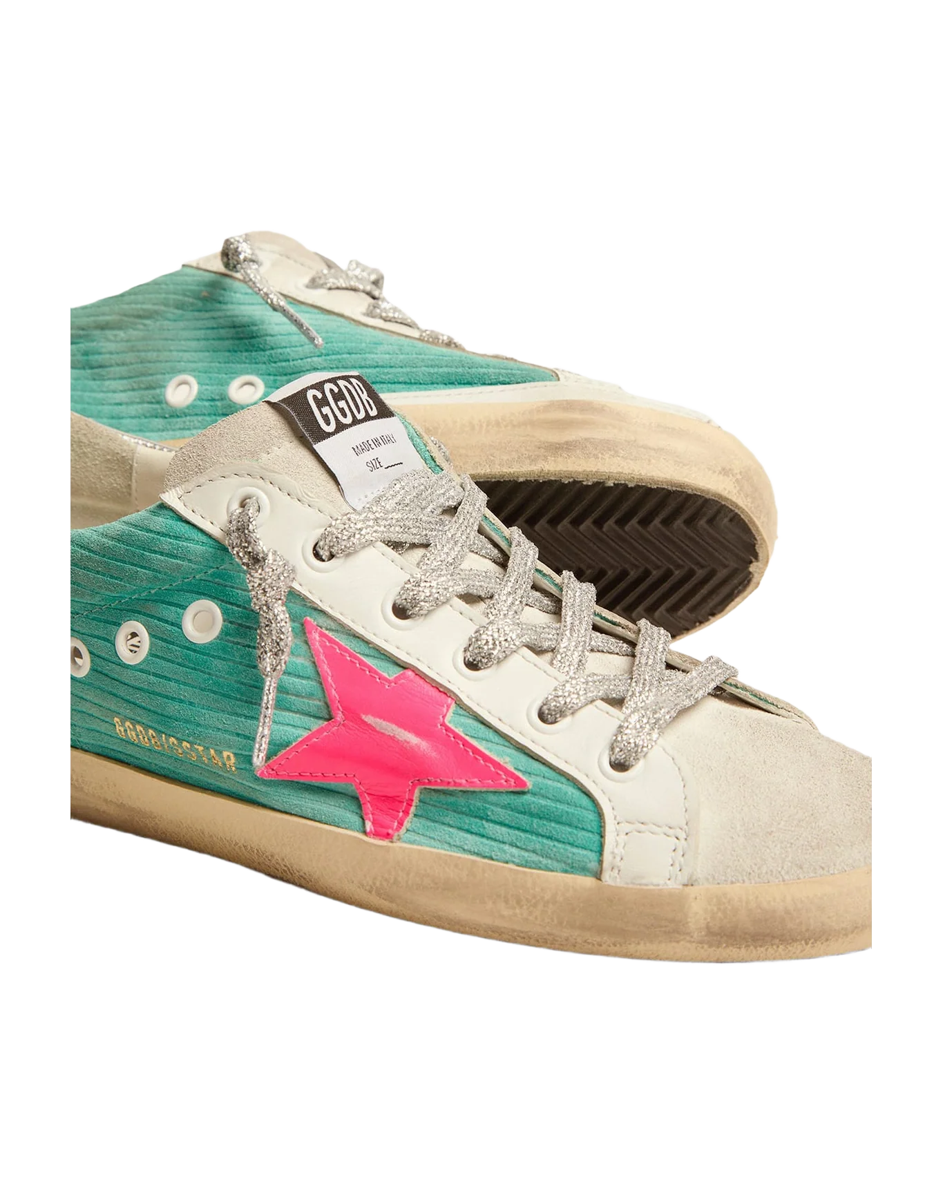 Women | Super-Star Sneakers Turquoise Suede with Corduroy Print & Fluorescent Pink Leather Star | Maldive x Fluo Pink x Optic White x Silver - Image 8