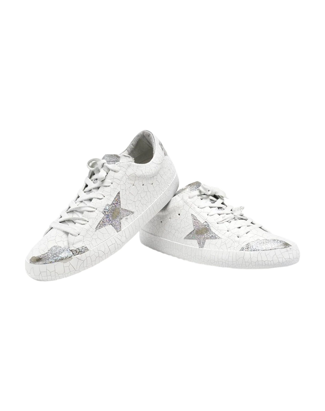 Women | Super-Star Sneakers White Decorated Leather with Silver Glitter Star | Silver x White