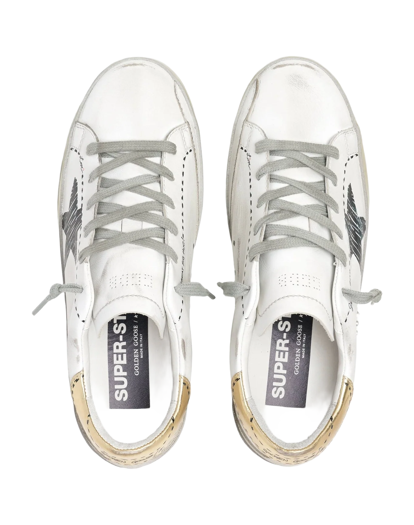 Women | Super-Star Sneakers White Leather with Black Sketched Star & Gold Leather Heel Tab | White x Black x Gold x Ice