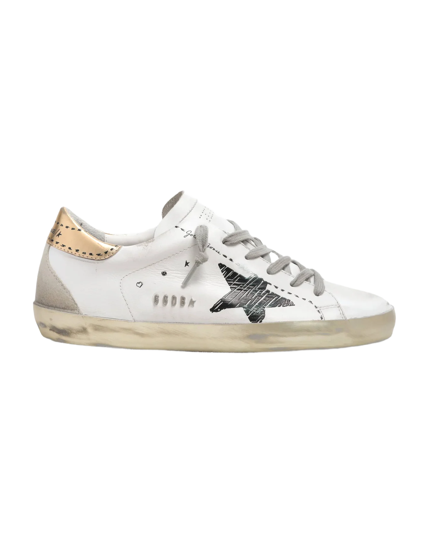 Women | Super-Star Sneakers White Leather with Black Sketched Star & Gold Leather Heel Tab | White x Black x Gold x Ice - Image 4
