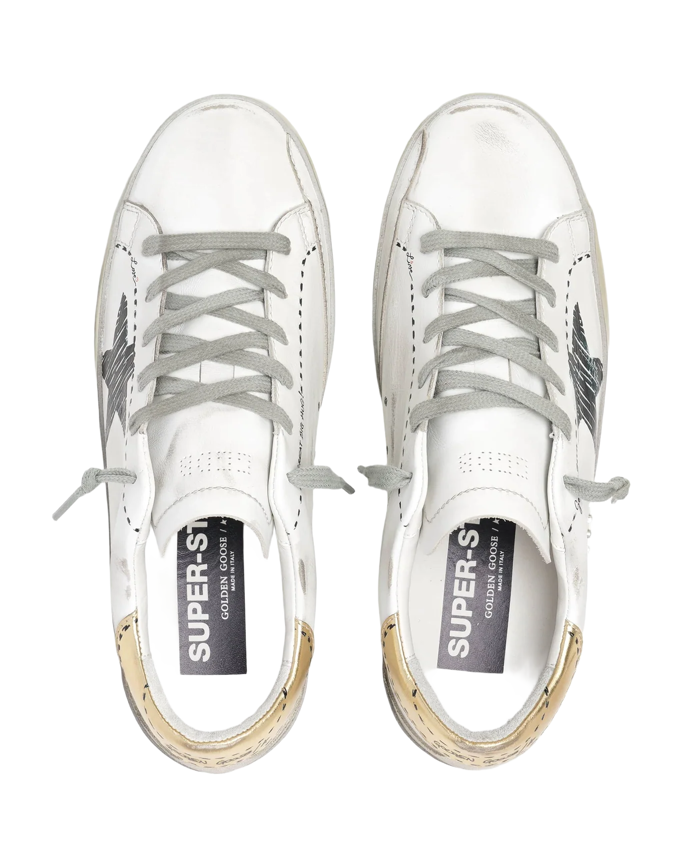 Women | Super-Star Sneakers White Leather with Black Sketched Star & Gold Leather Heel Tab | White x Black x Gold x Ice - Image 6