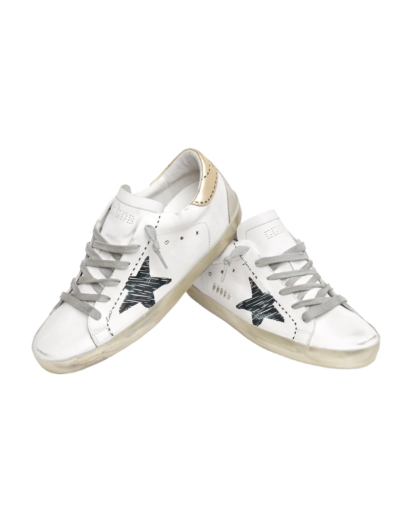 Women | Super-Star Sneakers White Leather with Black Sketched Star & Gold Leather Heel Tab | White x Black x Gold x Ice - Image 8