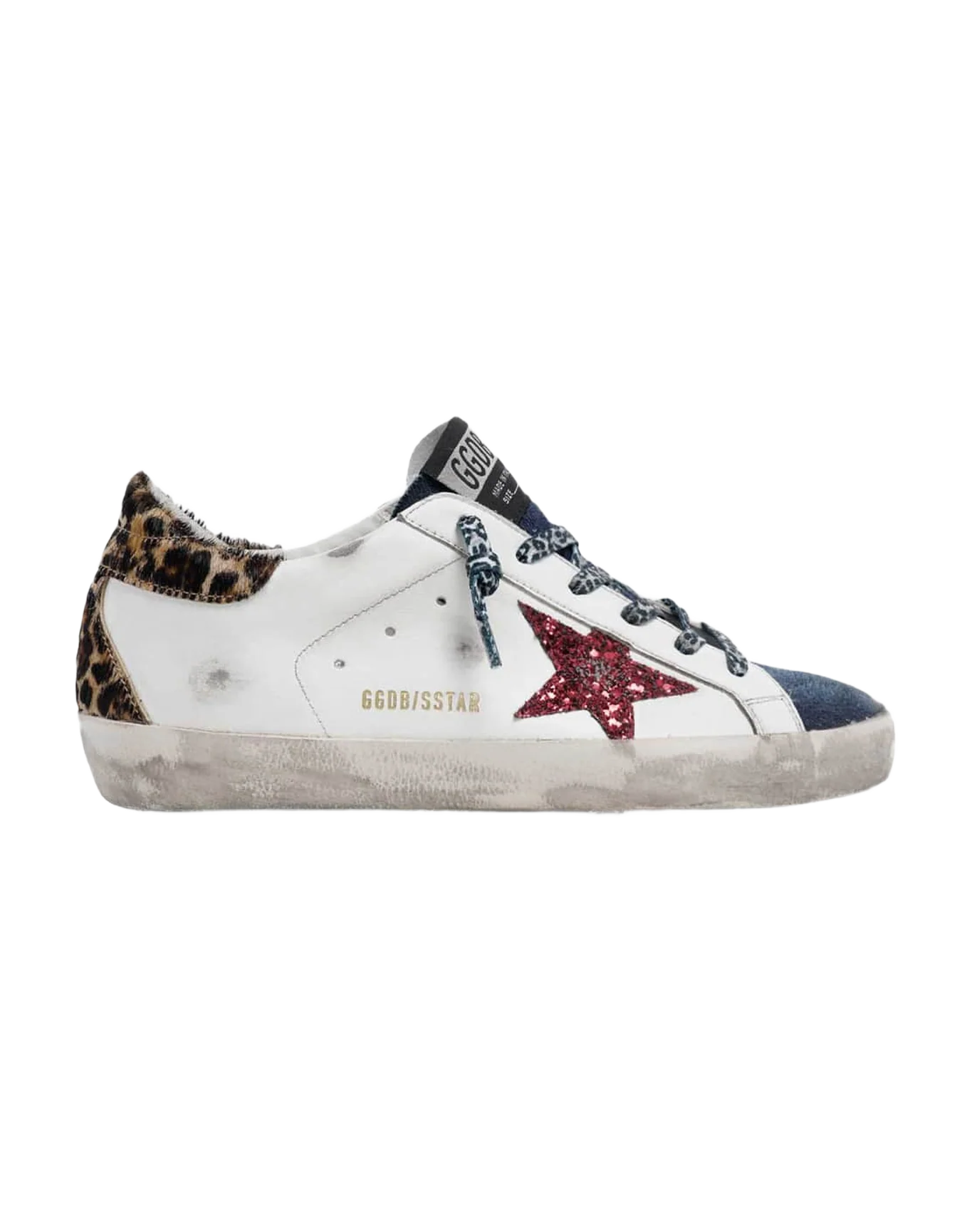Women | Super-Star Sneakers White Leather with Burgundy Glitter Star & Leopard Pony Skin Heel Tab & Denim Insert | White x Blue x Red x Brown Leo - Image 4
