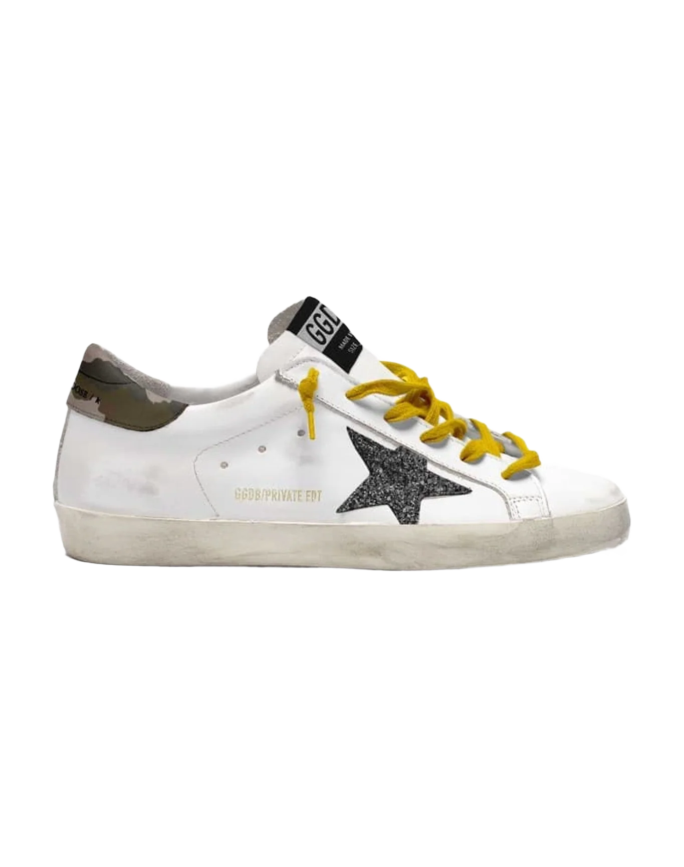 Women | Super-Star Sneakers White Leather with Glitter Star & Camouflage Print Heel | White x Black x Green Camouflage