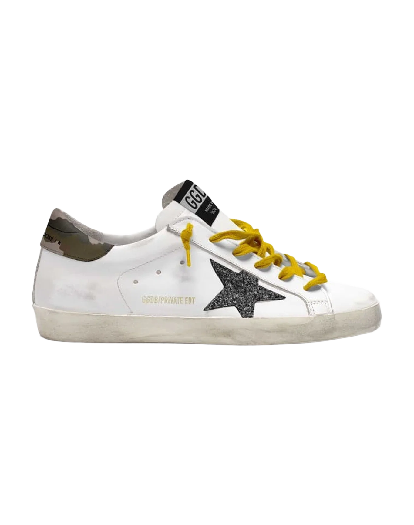 Women | Super-Star Sneakers White Leather with Glitter Star & Camouflage Print Heel | White x Black x Green Camouflage - Image 2