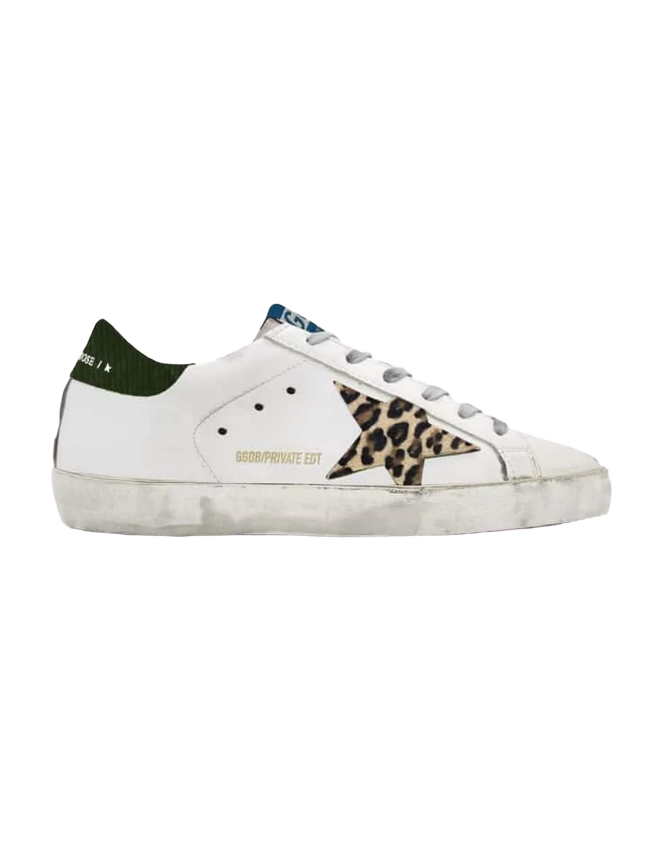 Women | Super-Star Sneakers White Leather with Leo Pony Skin Star & Black Heel | White x Beige Brown Leo x Green