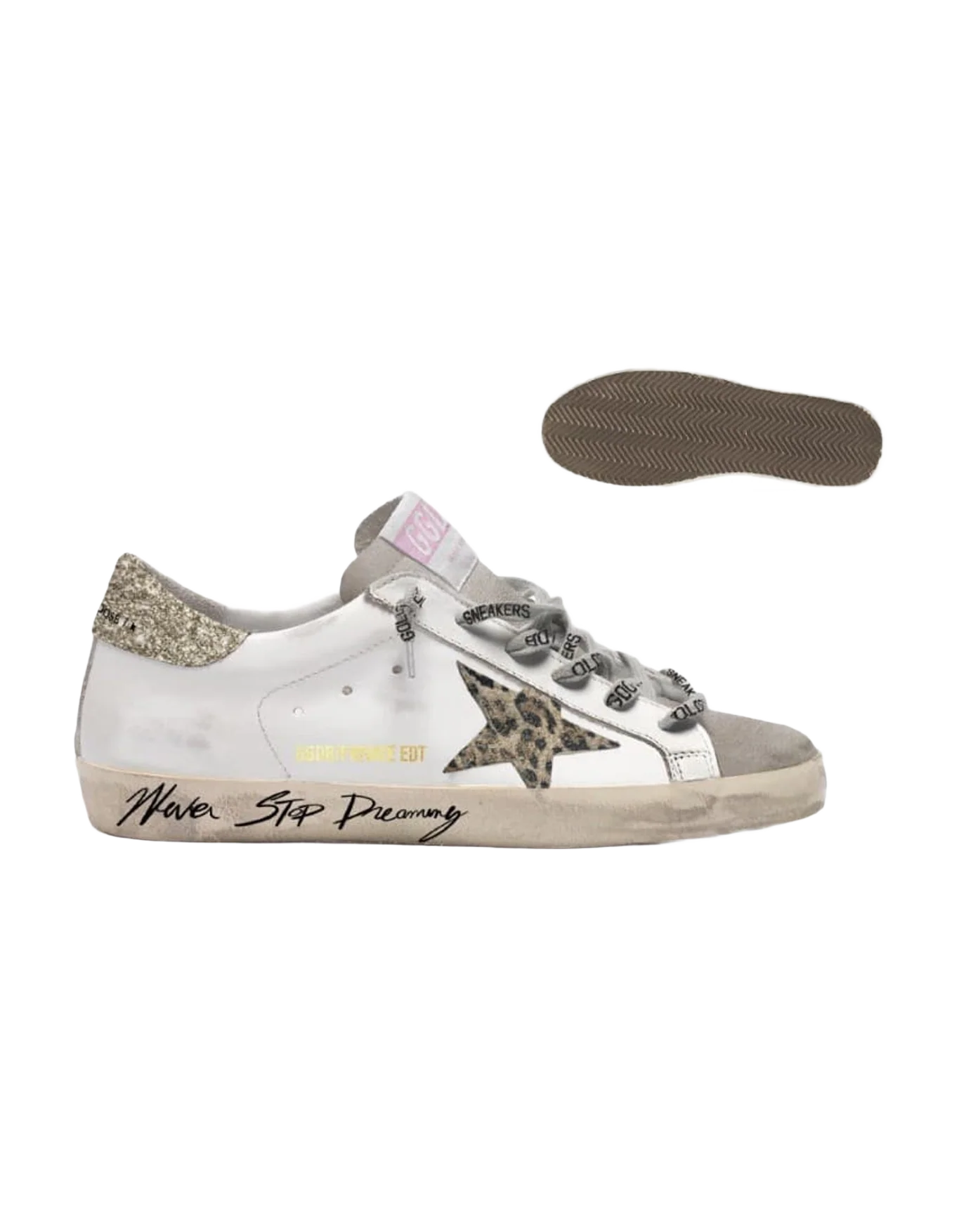 Women | Super-Star Sneakers White Leather with Leo Print Star & Gold Glitter Heel Tab | White x Ice x Beige Brown Leo x Platinum
