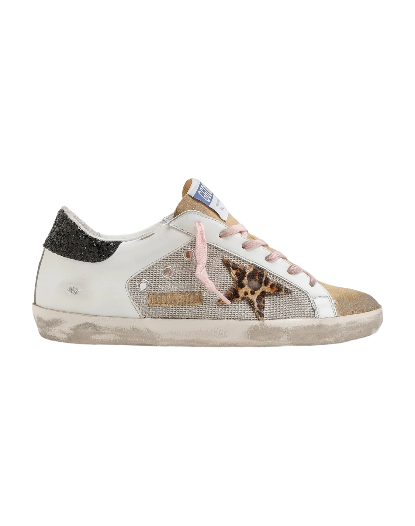 Women | Super-Star Sneakers White Leather with Leopard Pony Skin Star & Black Glitter Heel Tab | Silver x White x Cappuccino x Beige Brown Leo x Black - Image 2