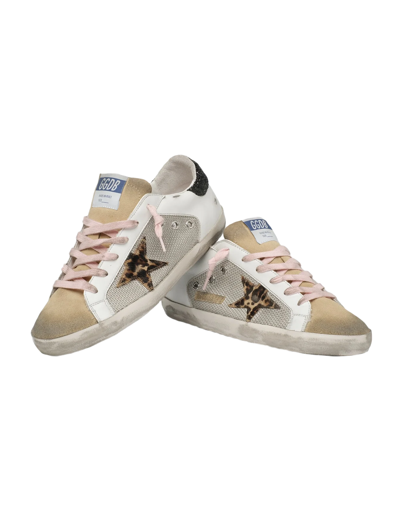 Women | Super-Star Sneakers White Leather with Leopard Pony Skin Star & Black Glitter Heel Tab | Silver x White x Cappuccino x Beige Brown Leo x Black - Image 8