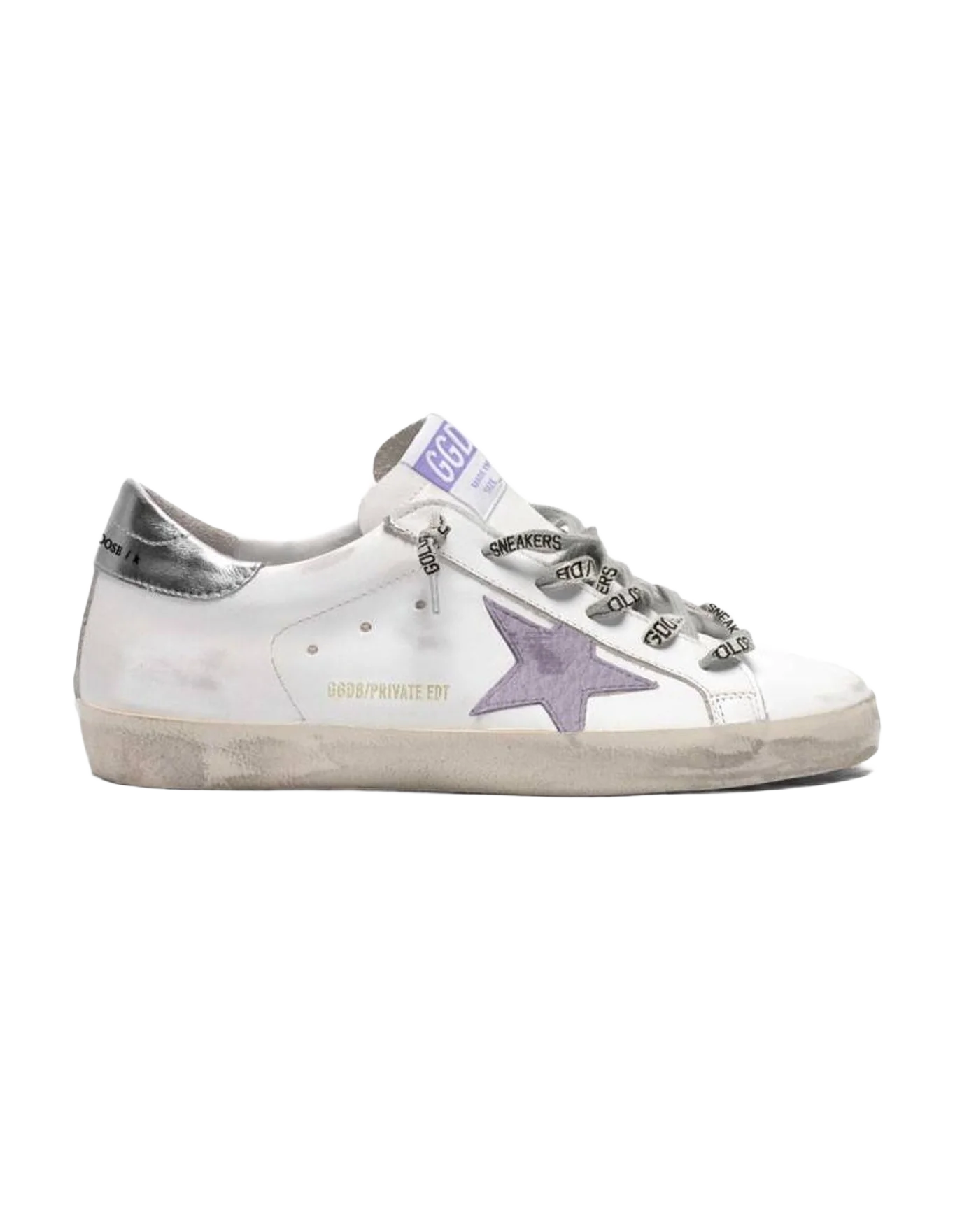 Women | Super-Star Sneakers White Leather with Lilac Star & Laminated Heel Tab | White x Lavender x Silver