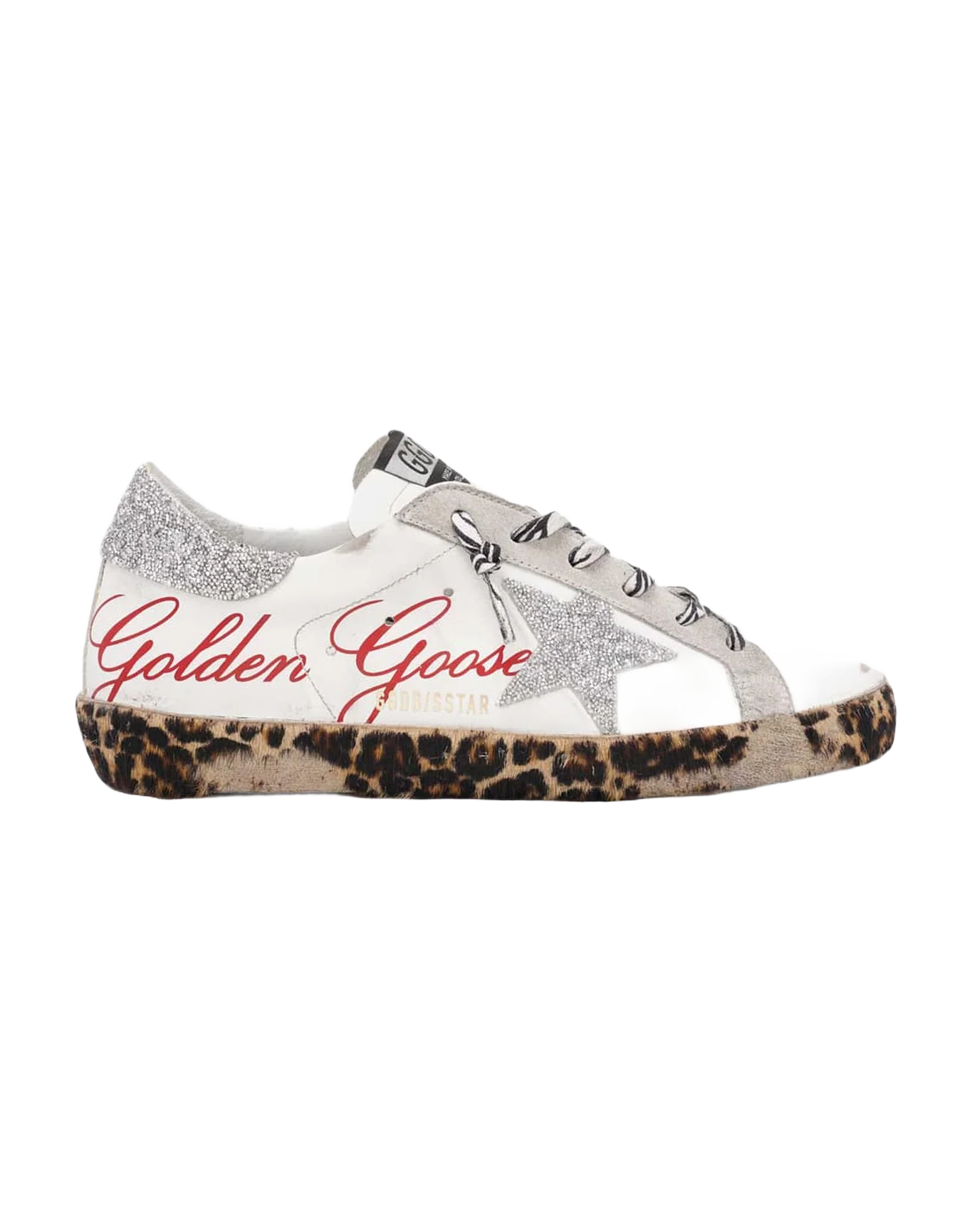 Women | Super-Star Sneakers White Leather with Silver Glitter Star & Heel Tab & Leopard Base | White x Ice x Silver x Brown Black Leo - Image 7