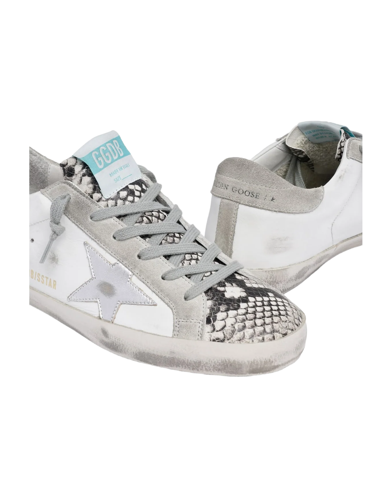 Women | Super-Star Sneakers White Leather with Silver Leather Star & Beige Suede Heel Tab & Snake Print Insert - Image 3