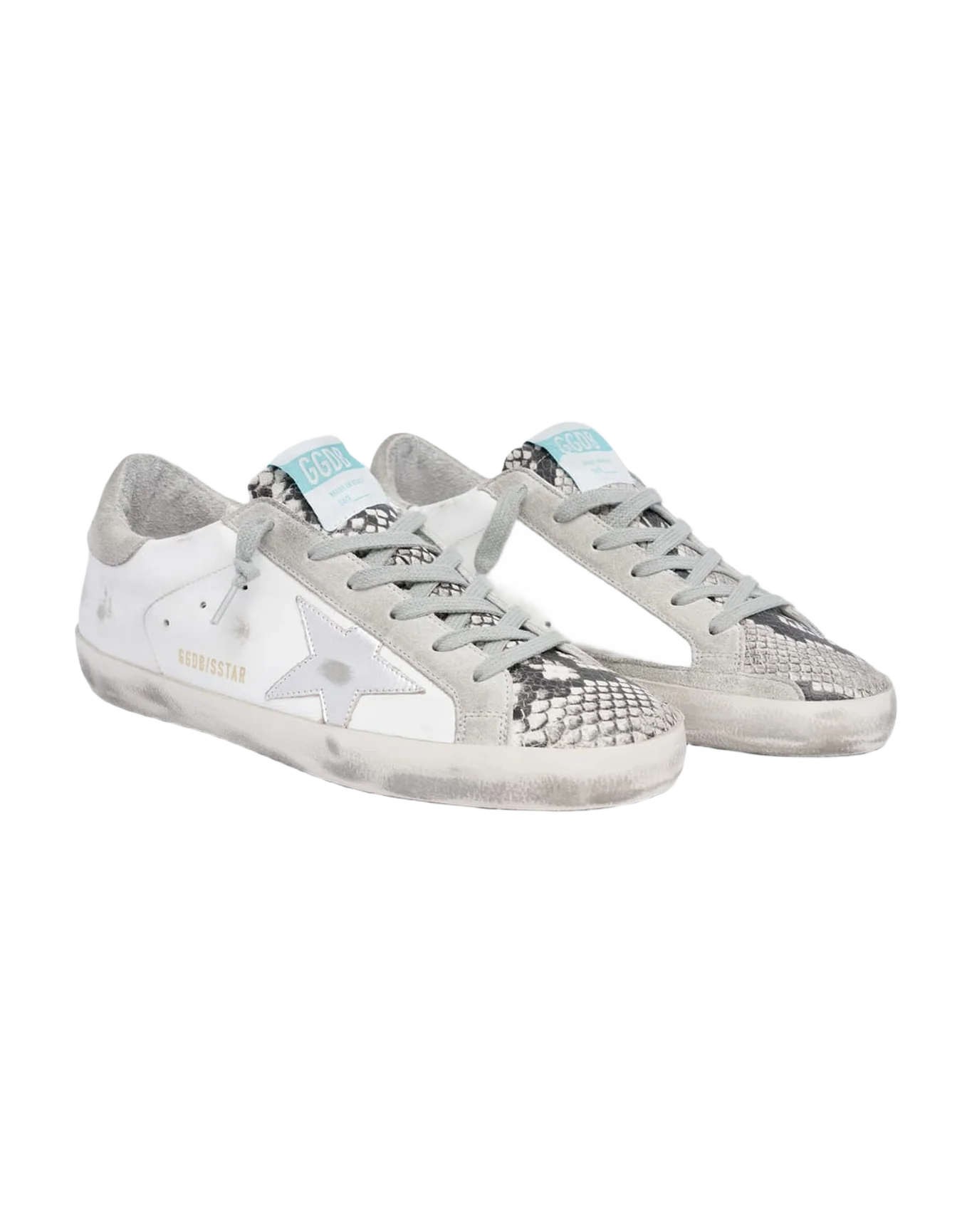 Women | Super-Star Sneakers White Leather with Silver Leather Star & Beige Suede Heel Tab & Snake Print Insert - Image 5