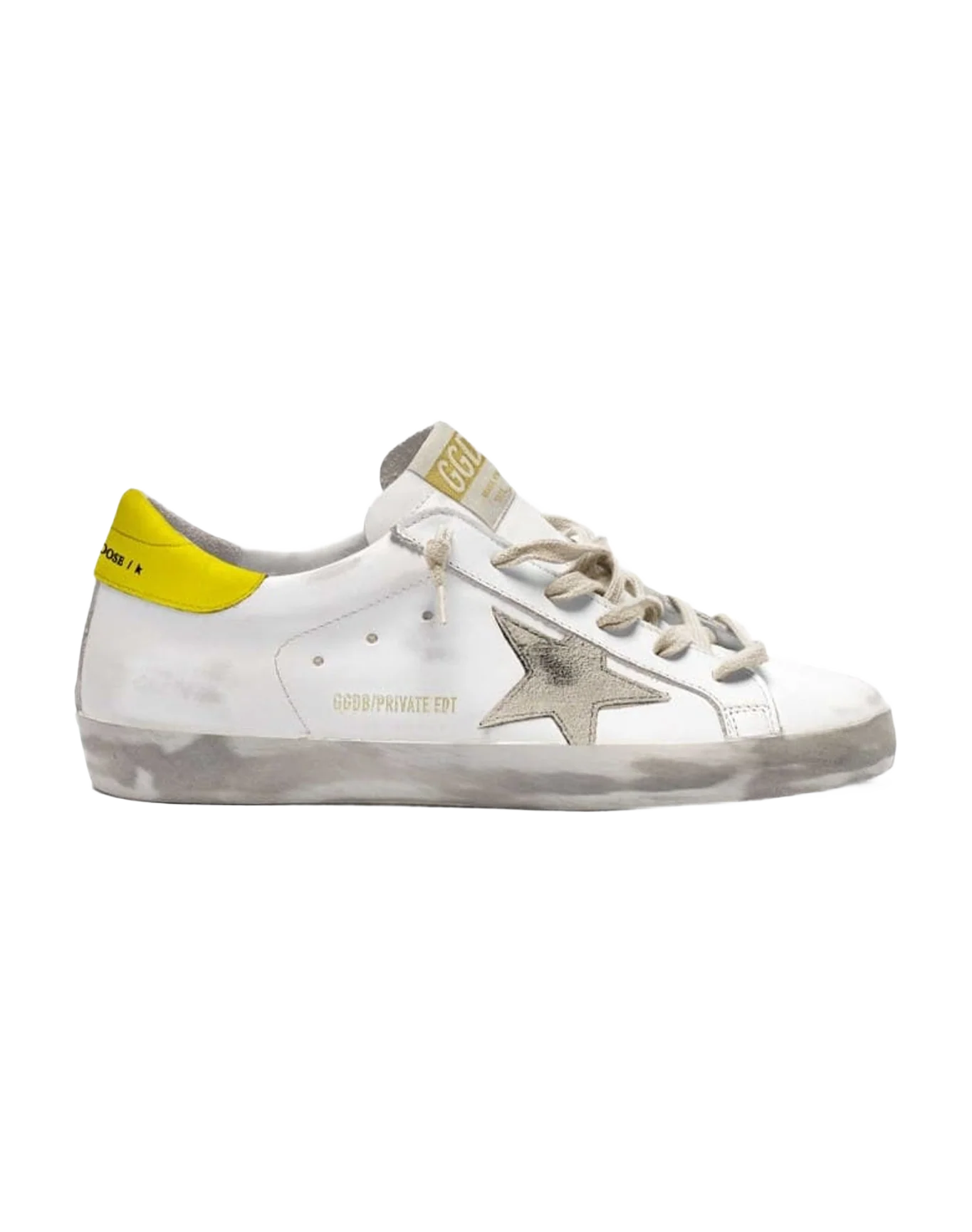 Women | Super-Star Sneakers White Leather with Suede Star & Yellow Heel Tab | White x Beige x Yellow