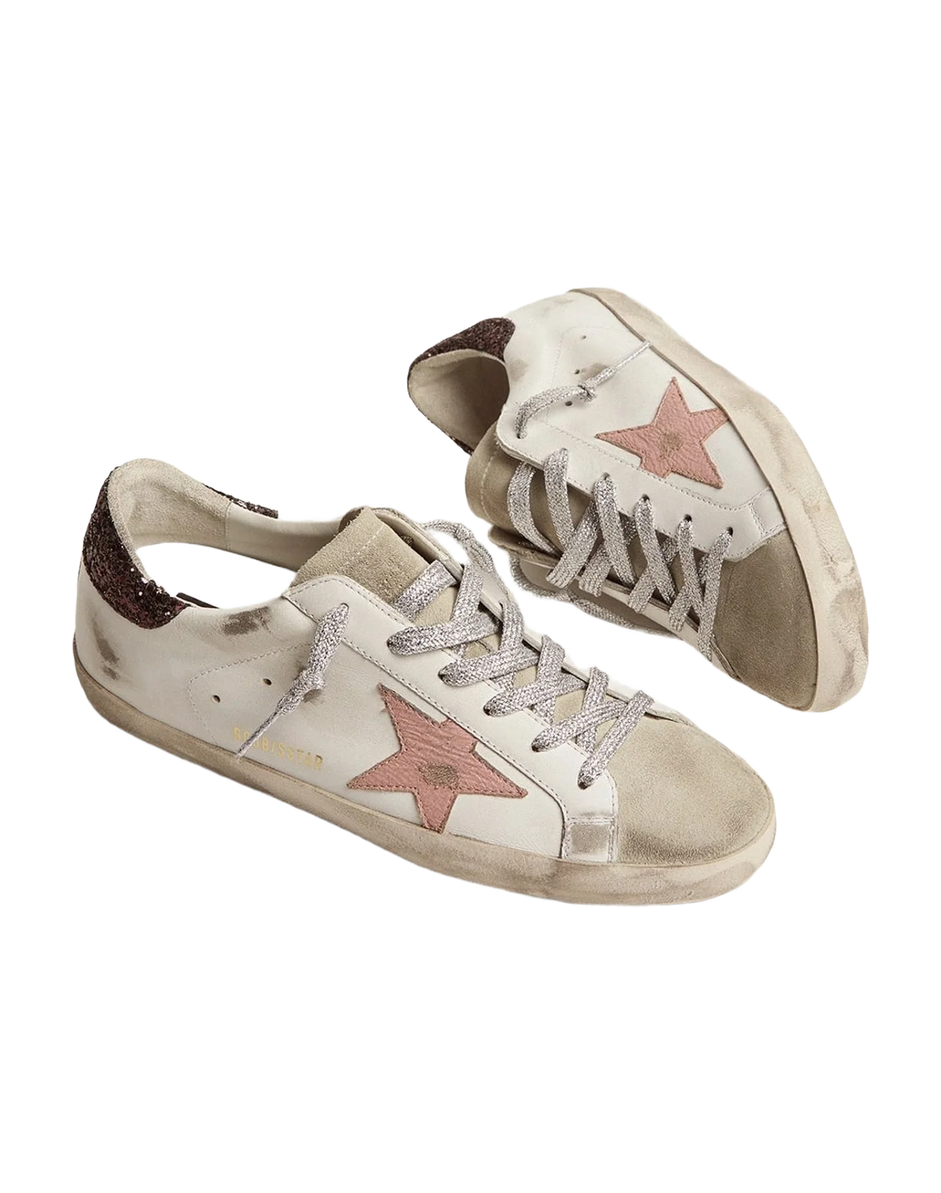 Women | Super-Star Sneakers with Brown Glitter Heel Tab & Pink Crackled Leather Star | White x Ice x Pink x Brown