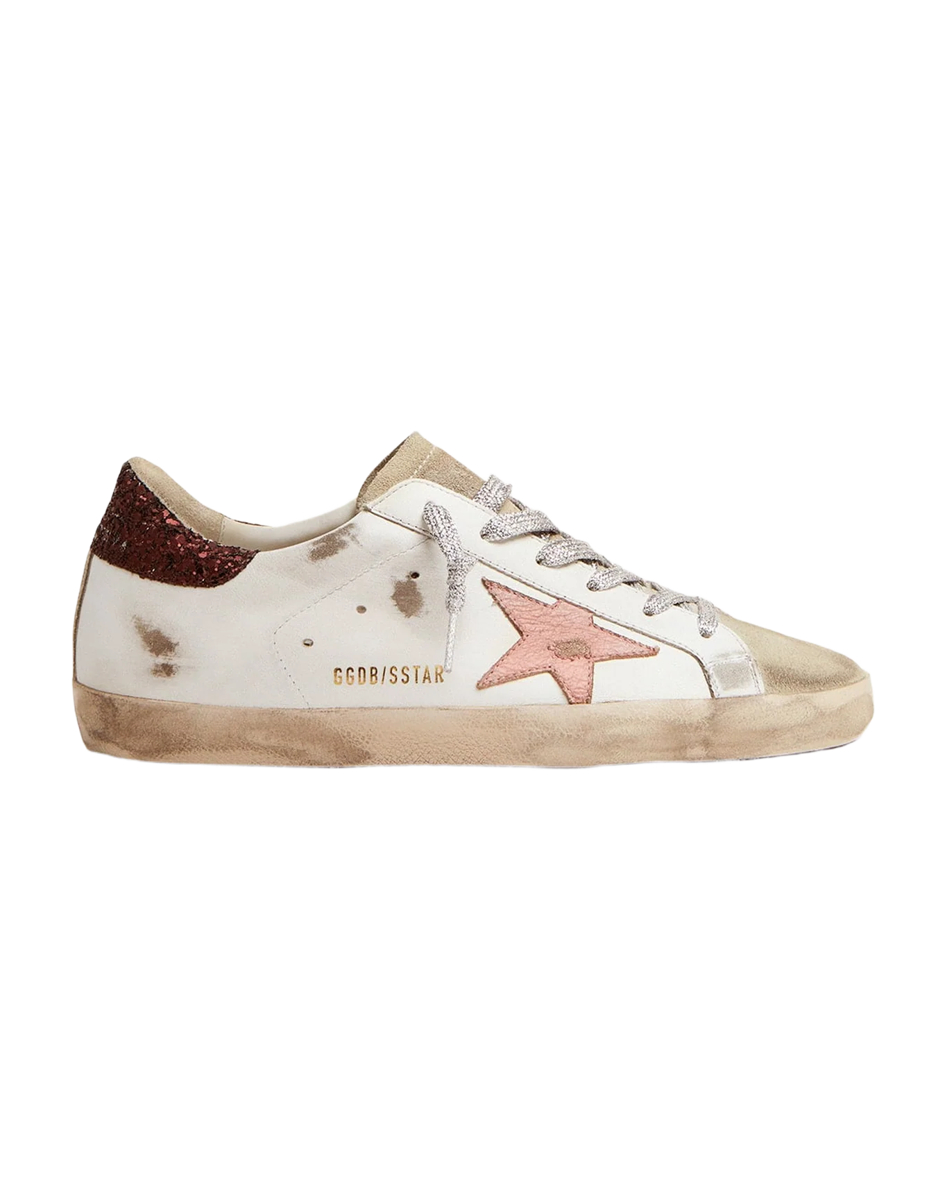 Women | Super-Star Sneakers with Brown Glitter Heel Tab & Pink Crackled Leather Star | White x Ice x Pink x Brown - Image 7