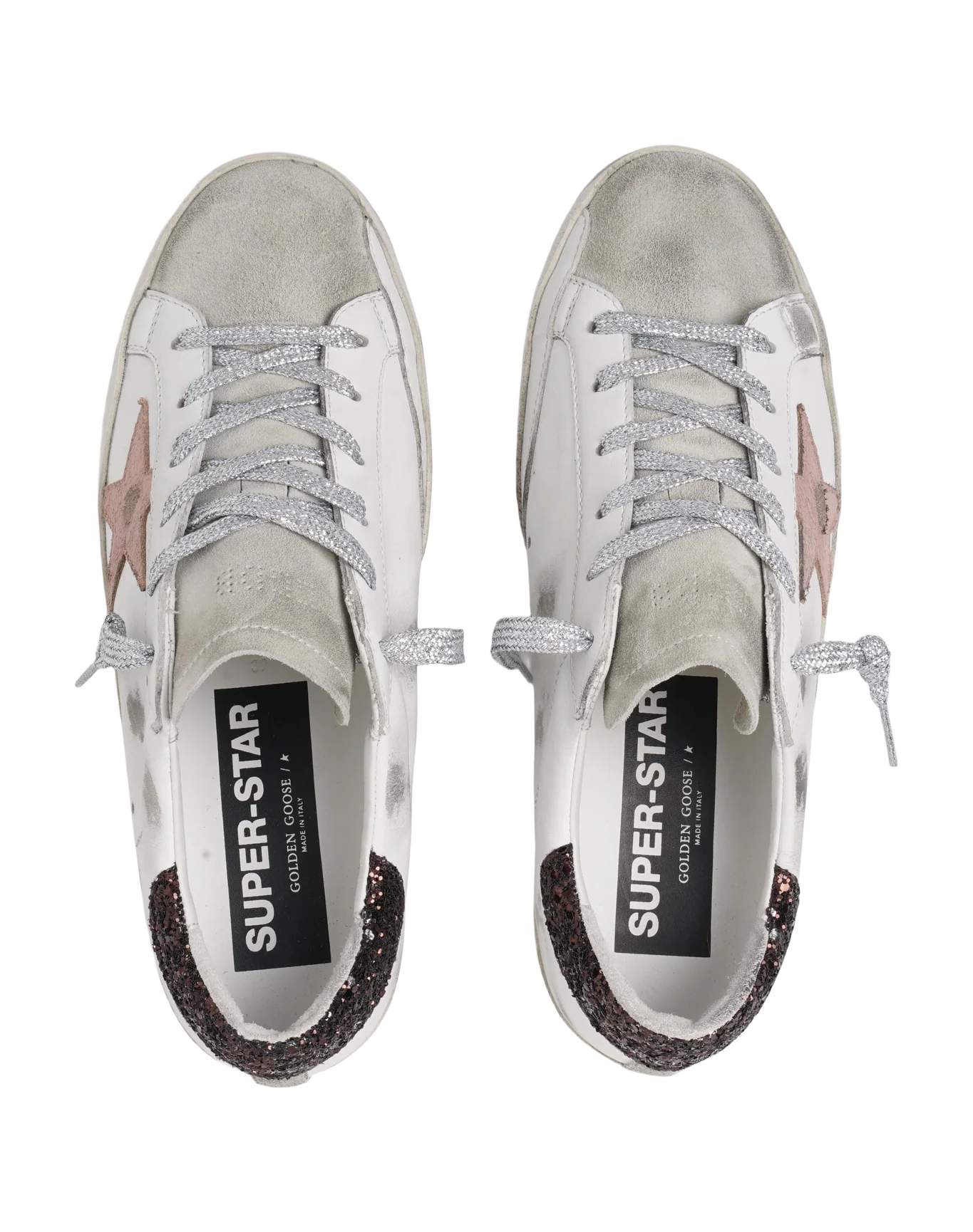 Women | Super-Star Sneakers with Brown Glitter Heel Tab & Pink Crackled Leather Star | White x Ice x Pink x Brown - Image 9