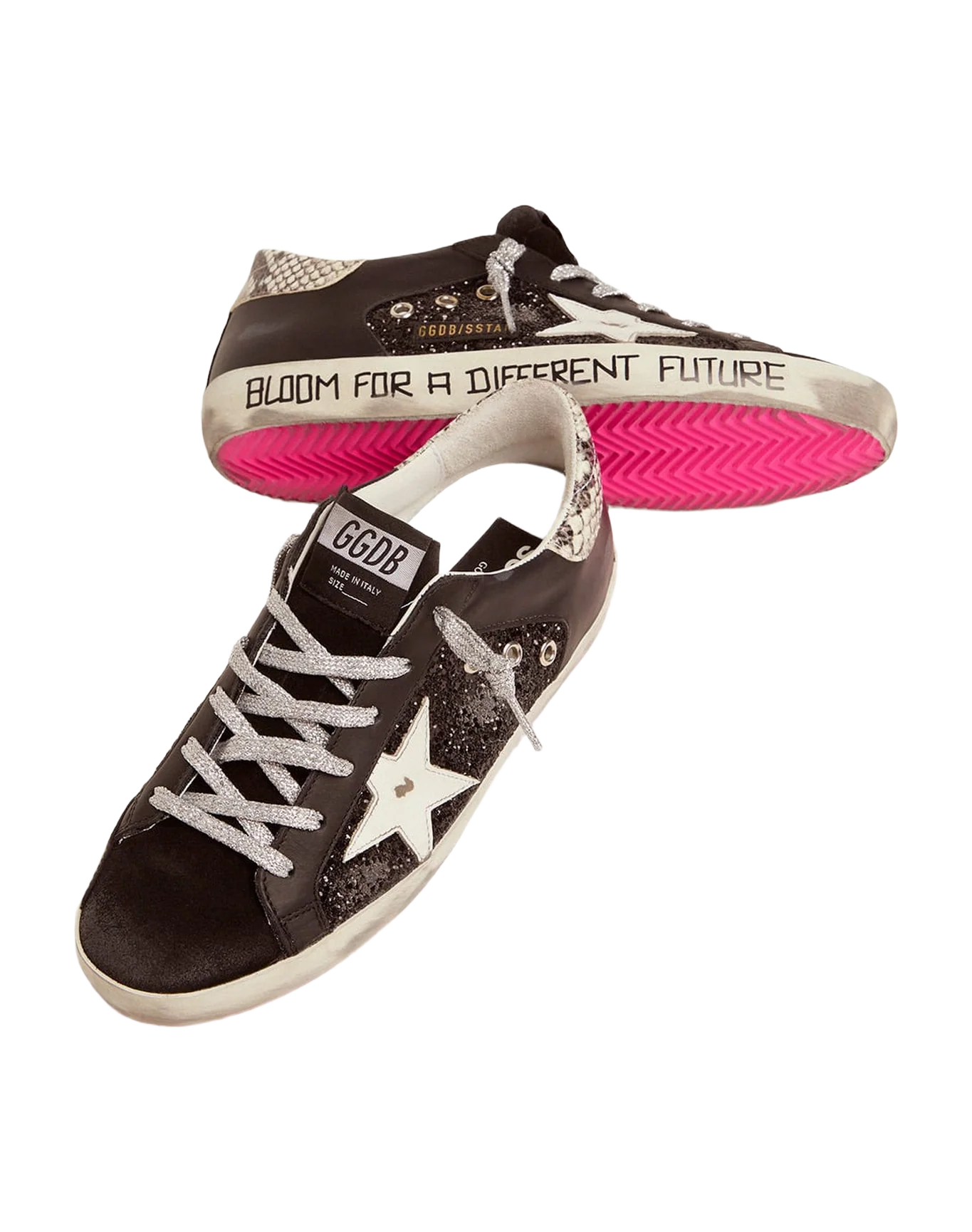 Women | Super-Star Sneakers with Glitter & Handwritten Lettering | Black x White x Rock Snake - Image 5