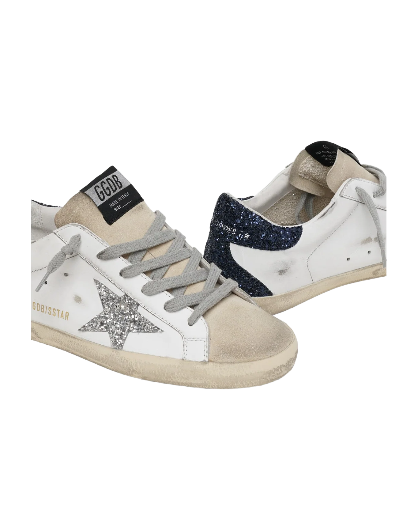 Women | Super-Star Sneakers with Glittery Heel Tab & Star | White x Beige x Silver x Night Blue - Image 2