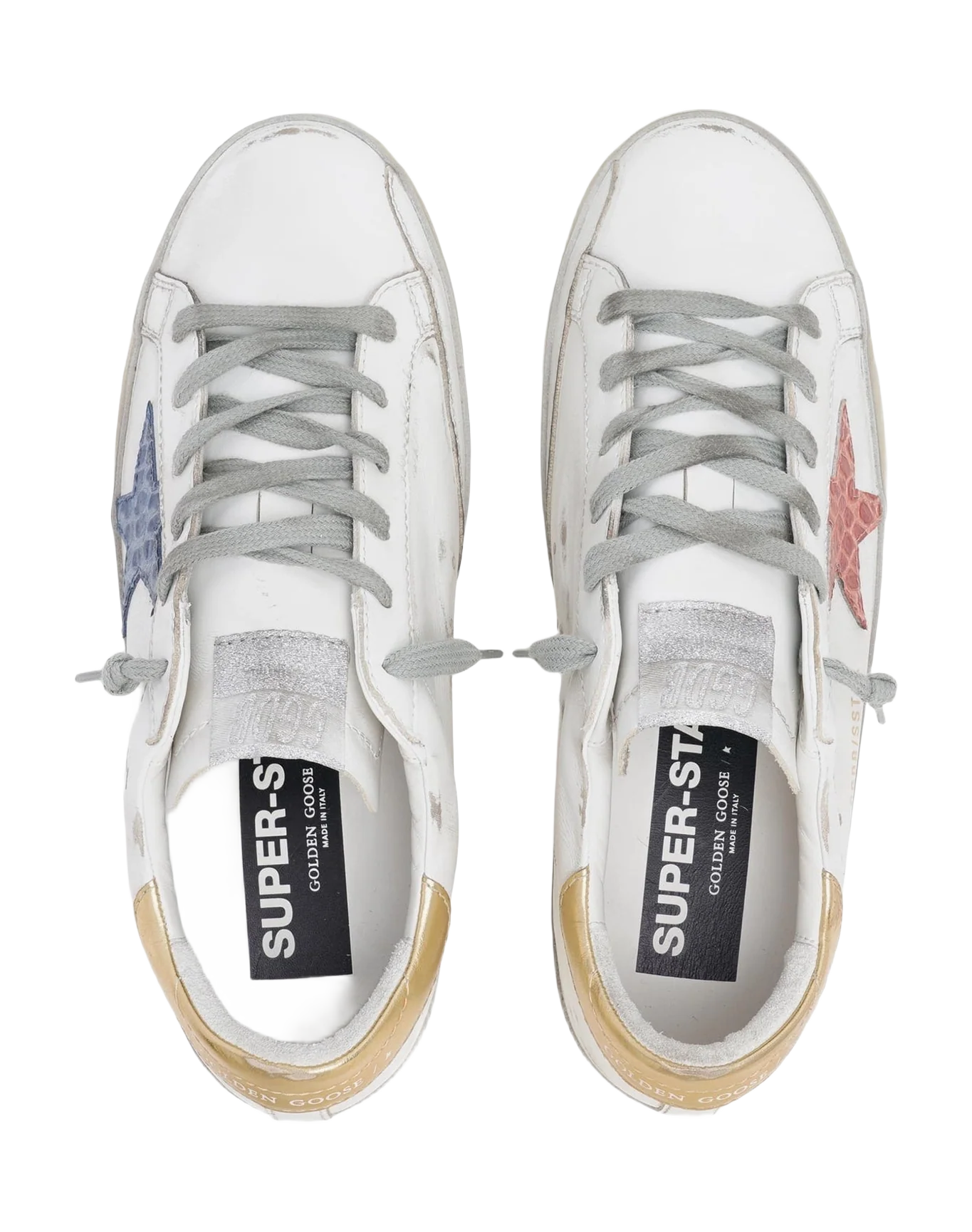 Women | Super-Star Sneakers with Handwritten Lettering & Crocodile-Print Leather Stars | White x Pale Pink x Blue x Gold