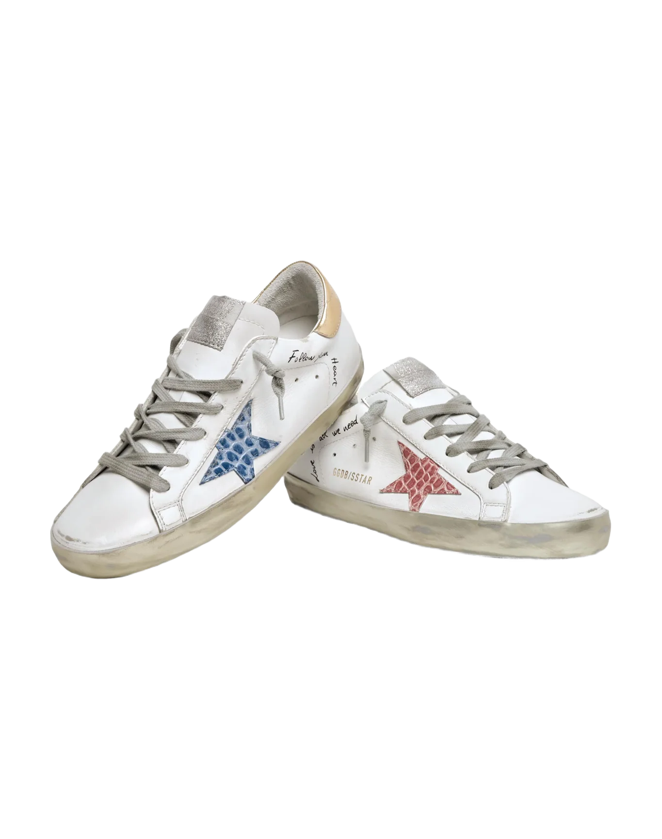 Women | Super-Star Sneakers with Handwritten Lettering & Crocodile-Print Leather Stars | White x Pale Pink x Blue x Gold - Image 5