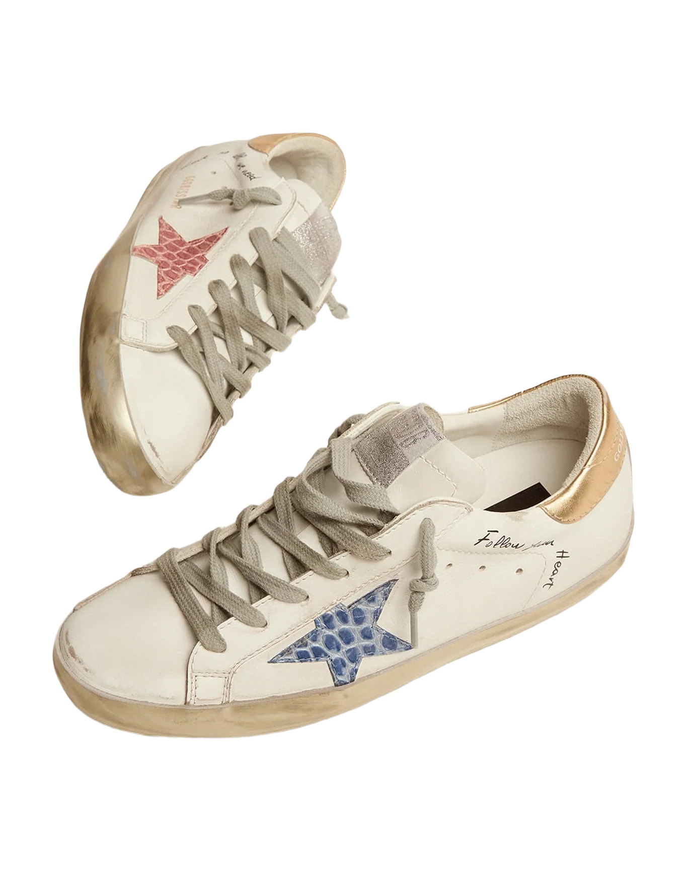 Women | Super-Star Sneakers with Handwritten Lettering & Crocodile-Print Leather Stars | White x Pale Pink x Blue x Gold - Image 8