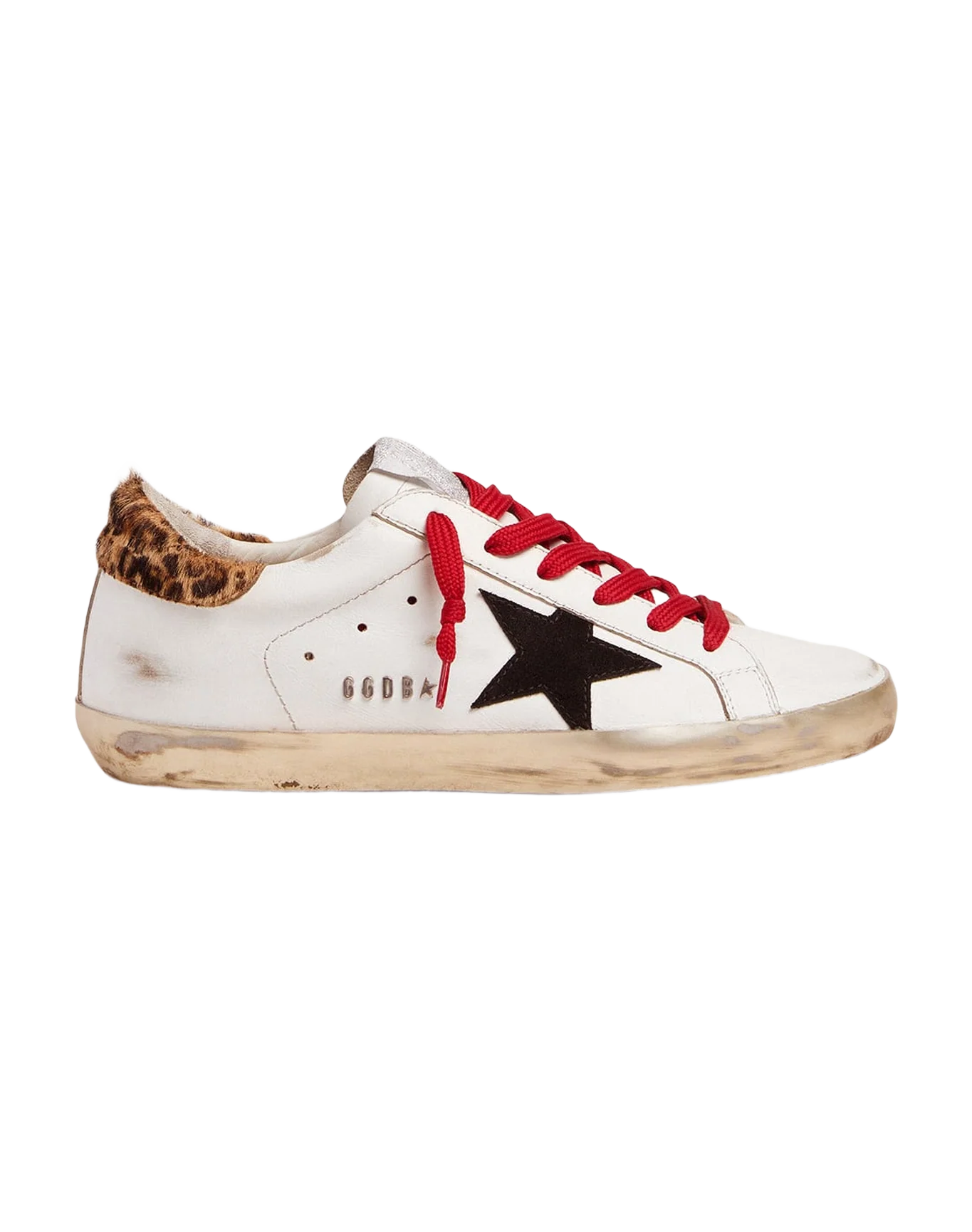 Women | Super-Star Sneakers with Leopard-Print Heel Tab & Red Laces | White x Black x Beige Brown Leo - Image 2