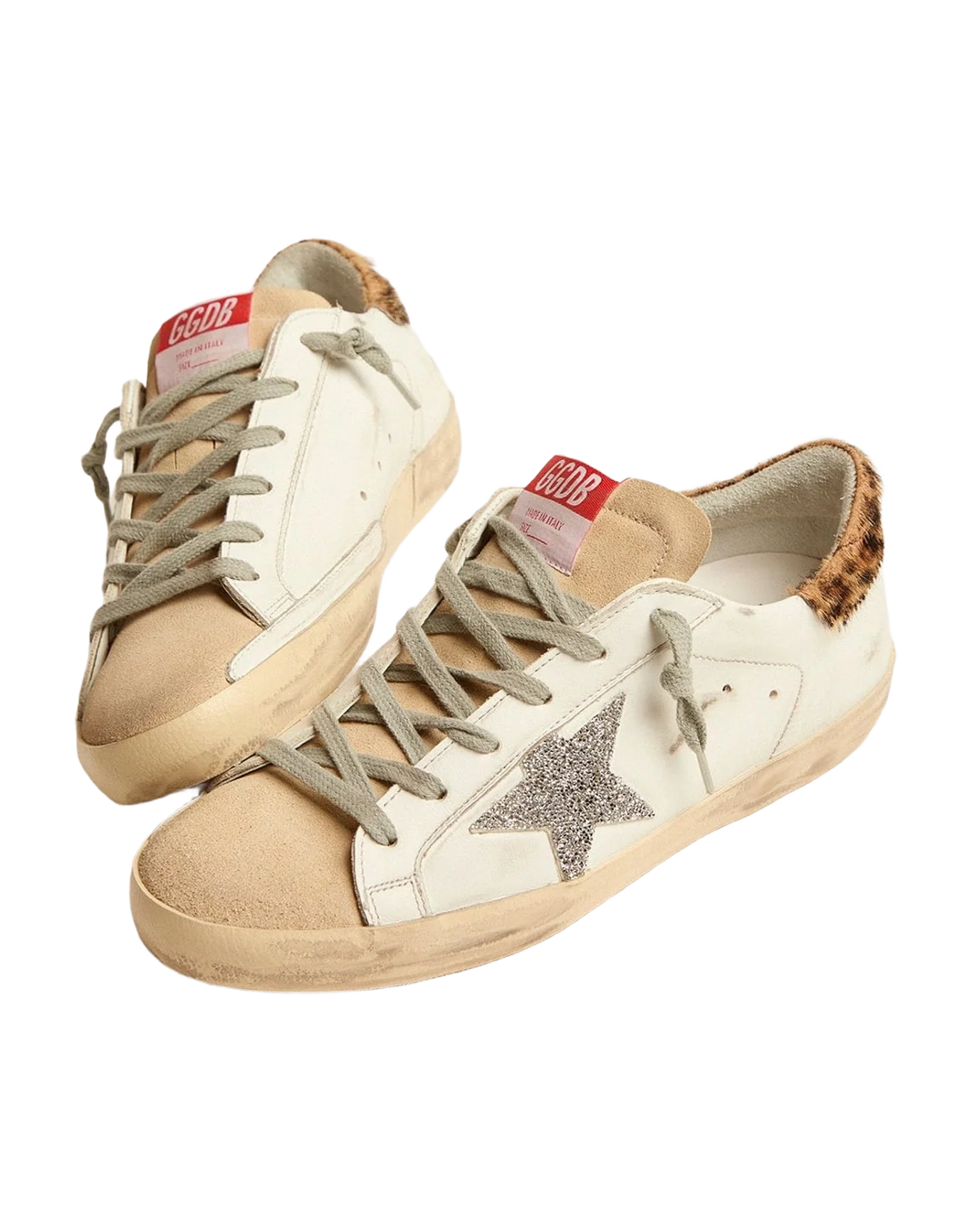 Women | Super-Star Sneakers with Leopard-Print Pony Skin Heel Tab & Swarovski Star | White x Beige x Silver x Beige Brown Leo