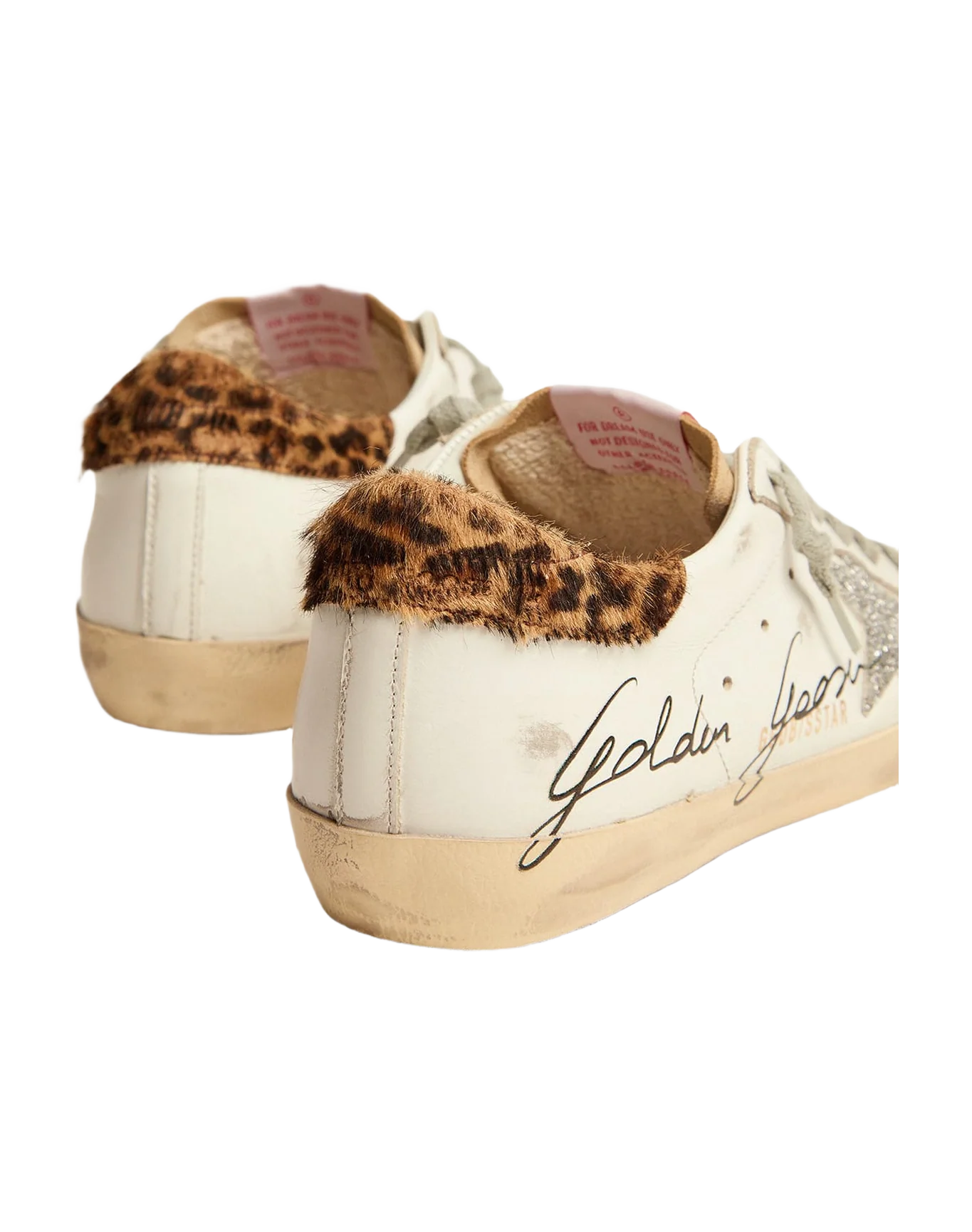 Women | Super-Star Sneakers with Leopard-Print Pony Skin Heel Tab & Swarovski Star | White x Beige x Silver x Beige Brown Leo - Image 2