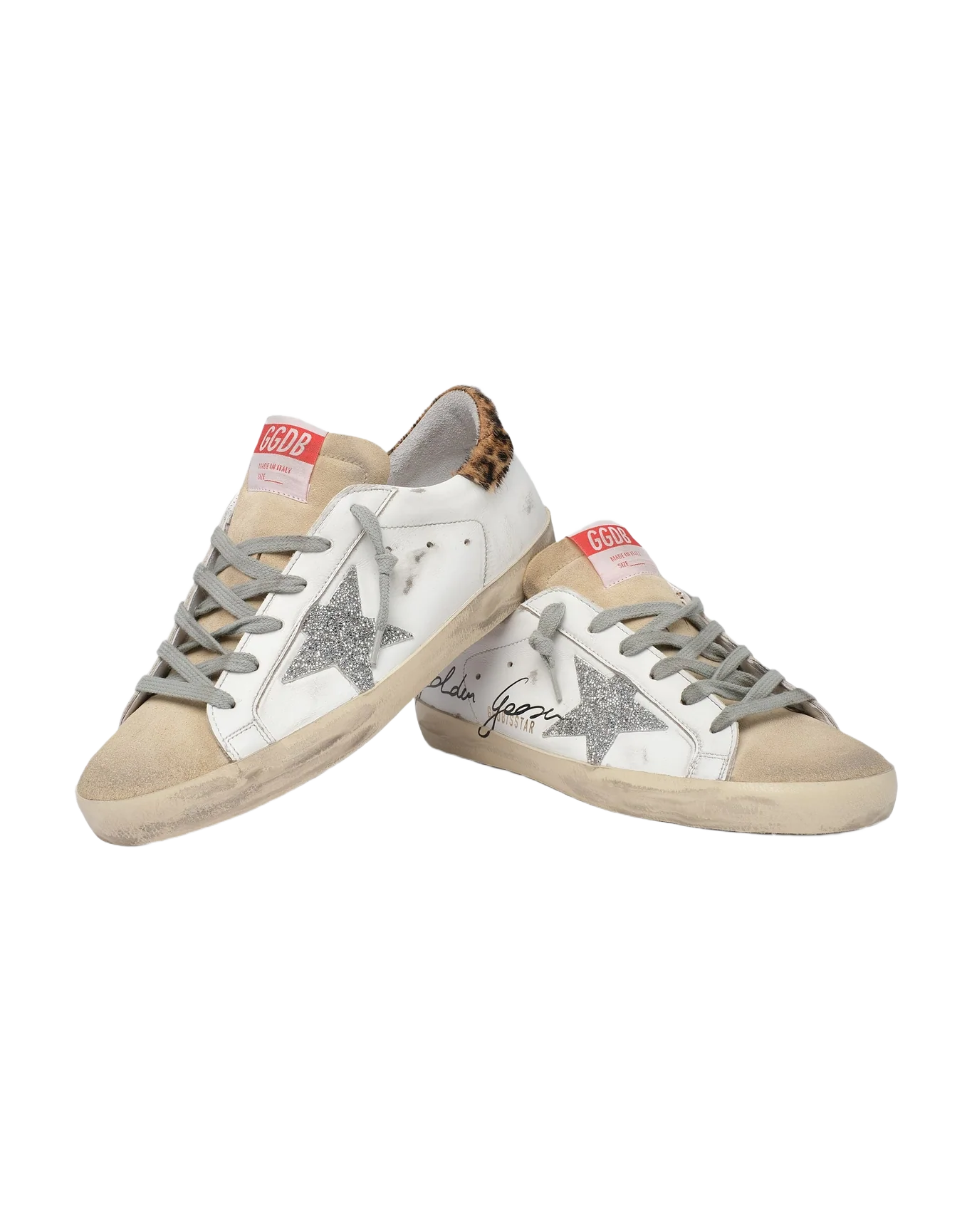 Women | Super-Star Sneakers with Leopard-Print Pony Skin Heel Tab & Swarovski Star | White x Beige x Silver x Beige Brown Leo - Image 5