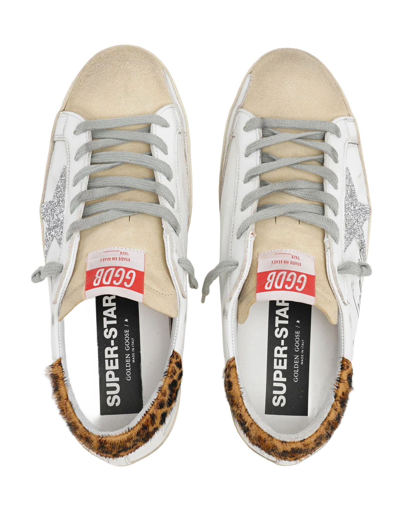 Women | Super-Star Sneakers with Leopard-Print Pony Skin Heel Tab & Swarovski Star | White x Beige x Silver x Beige Brown Leo - Image 6