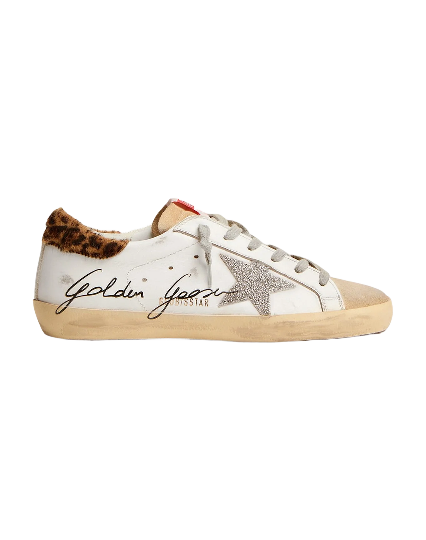 Women | Super-Star Sneakers with Leopard-Print Pony Skin Heel Tab & Swarovski Star | White x Beige x Silver x Beige Brown Leo - Image 8