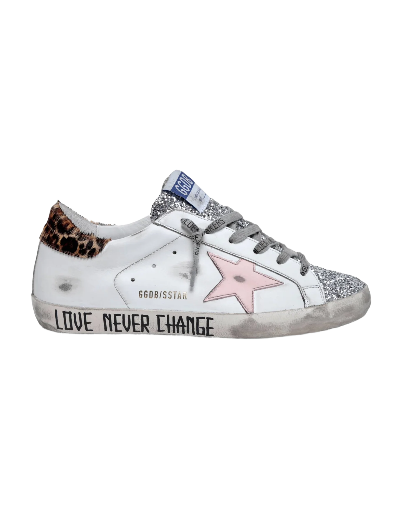 Women | Super-Star Sneakers with Silver Glitter Tongue & Handwritten Lettering | White x Rose Quartz x Silver x Beige Brown Leo - Image 4