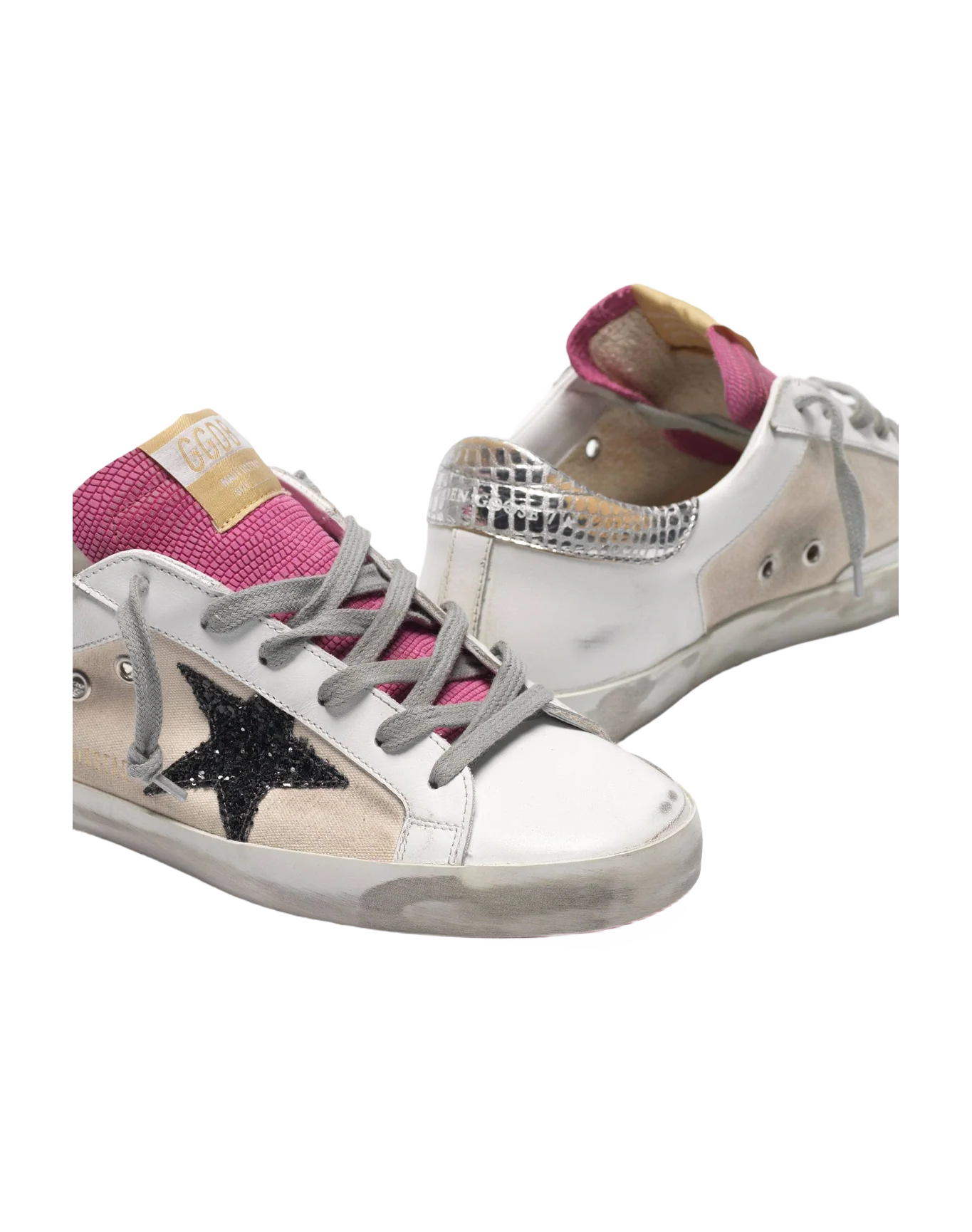 Women | Super-Star White & Pink Leather with Black Glitter Star & Silver Heel Tab - Image 4