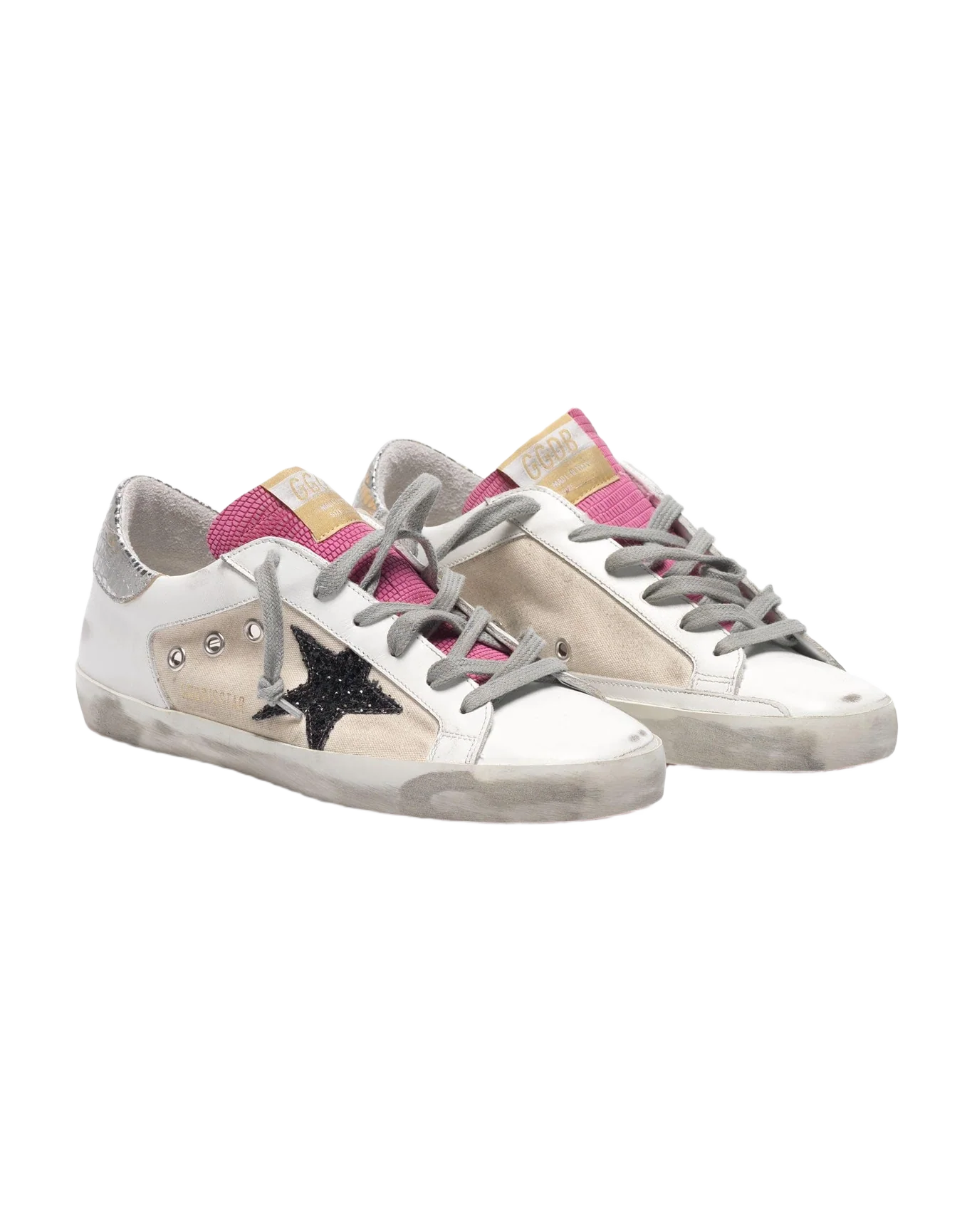 Women | Super-Star White & Pink Leather with Black Glitter Star & Silver Heel Tab - Image 6