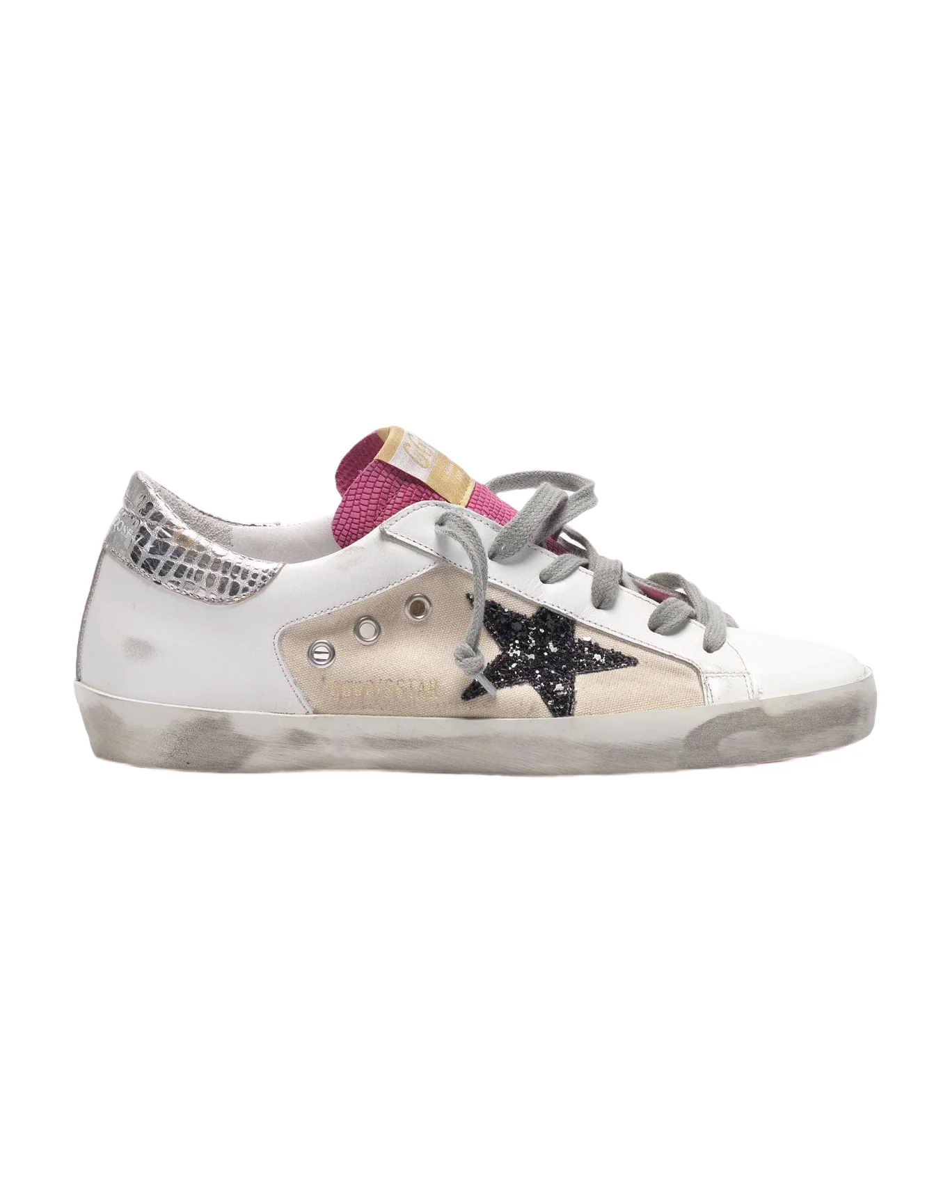 Women | Super-Star White & Pink Leather with Black Glitter Star & Silver Heel Tab - Image 7