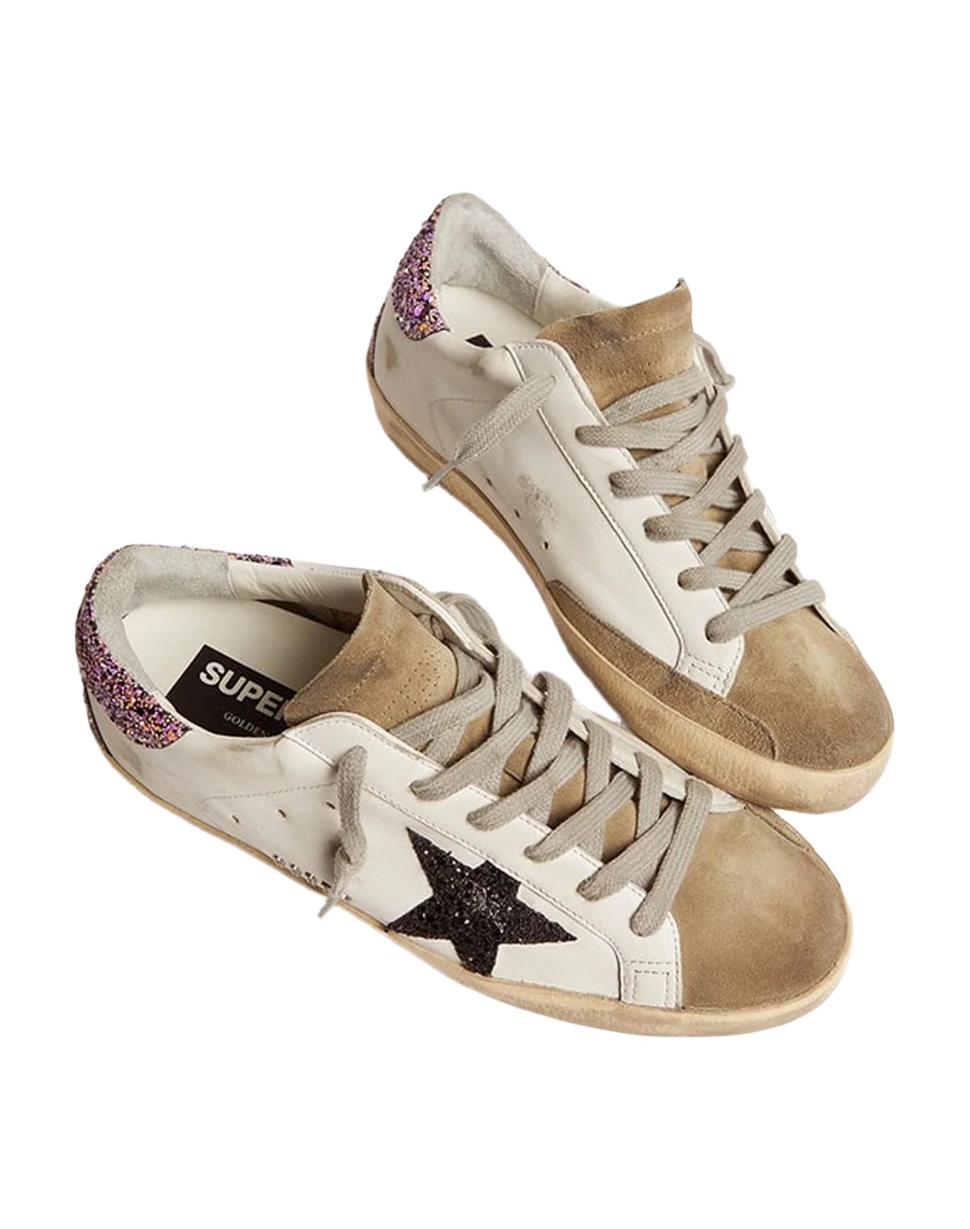 Women | Super-Star White Leather with Glitter Star & Heel Tab | White x Taupe x Fuxia Black