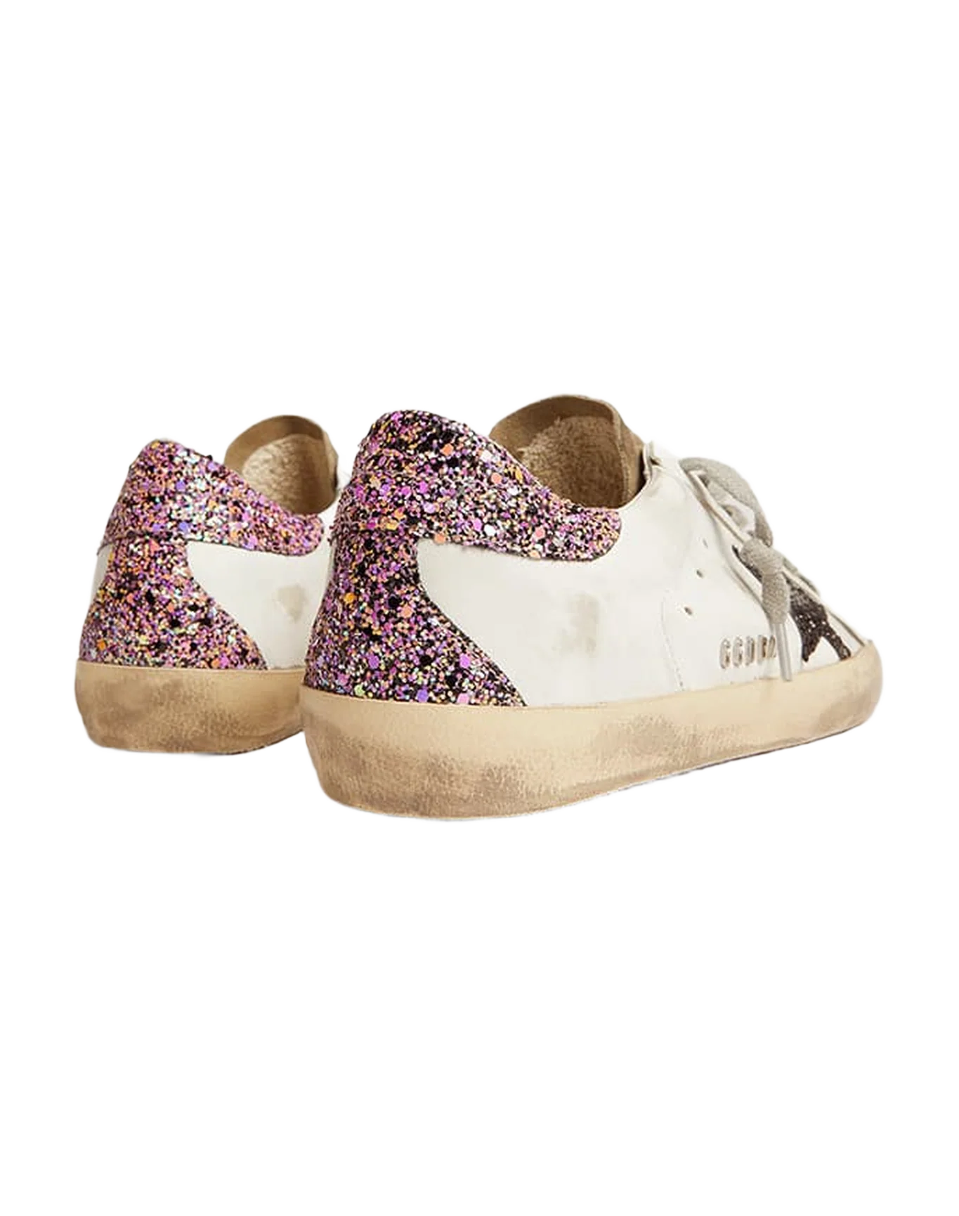 Women | Super-Star White Leather with Glitter Star & Heel Tab | White x Taupe x Fuxia Black - Image 2