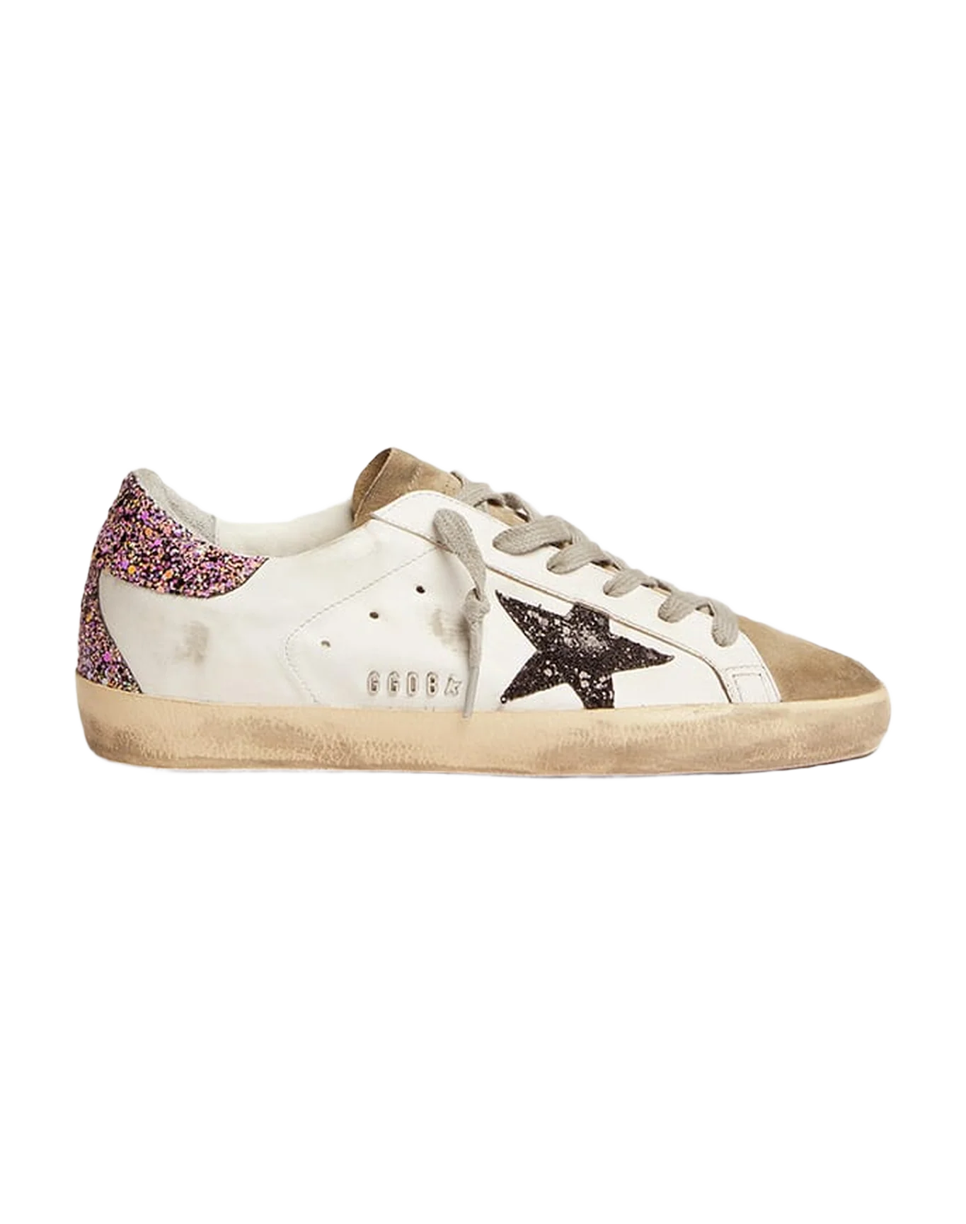 Women | Super-Star White Leather with Glitter Star & Heel Tab | White x Taupe x Fuxia Black - Image 3