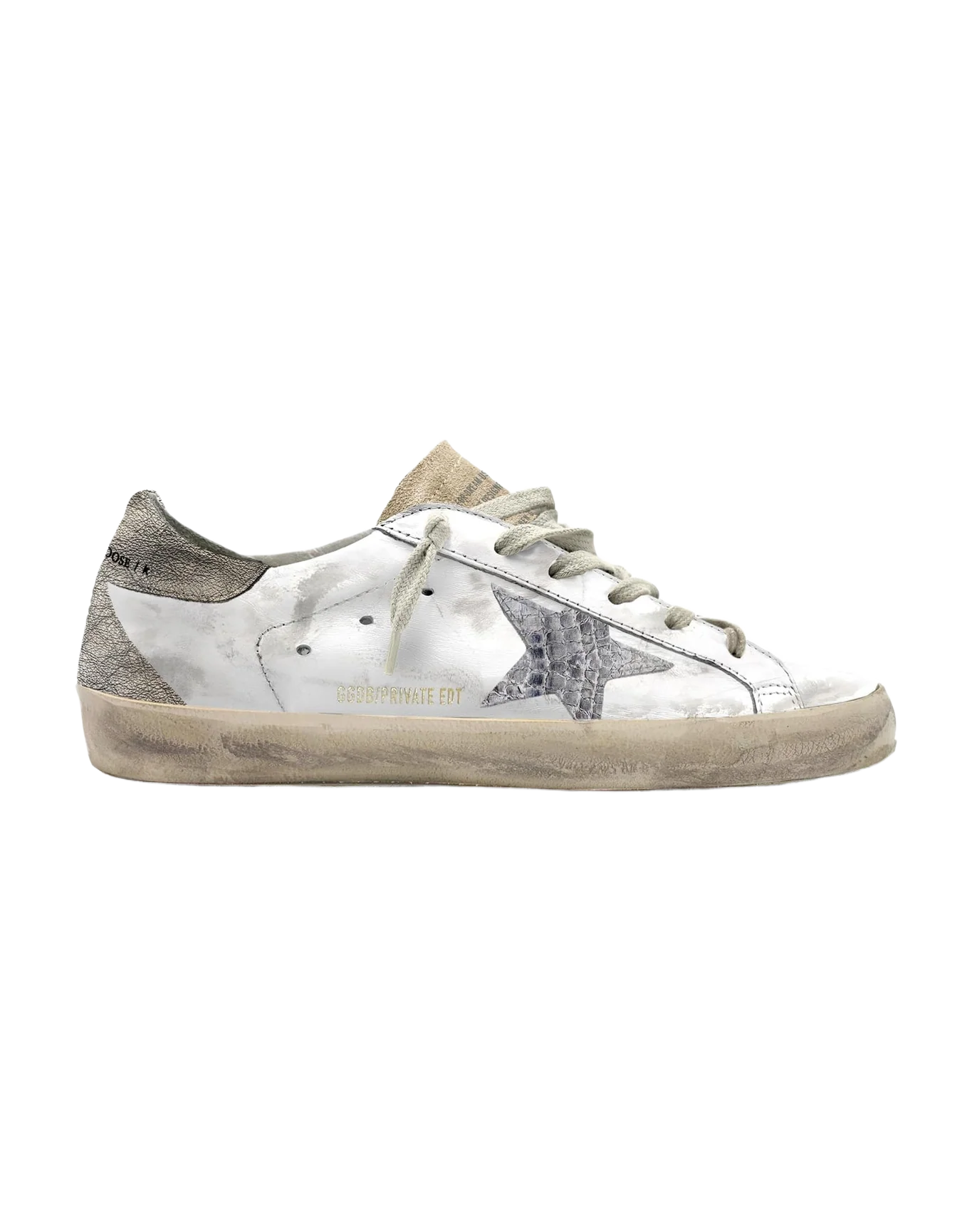 Women | Super-Star White Leather with Laminated Heel Tab | White x Seedpearl x Silver x Gun Metal
