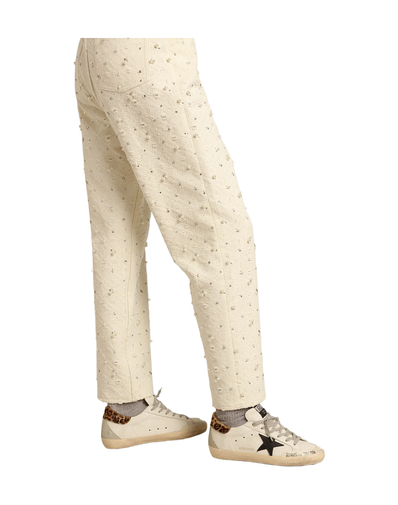Women | Super-Star with Black Leather Star & Leo-Print Pony Skin Heel Tab | White x Black x Beige Brown Leo x Ice - Image 4