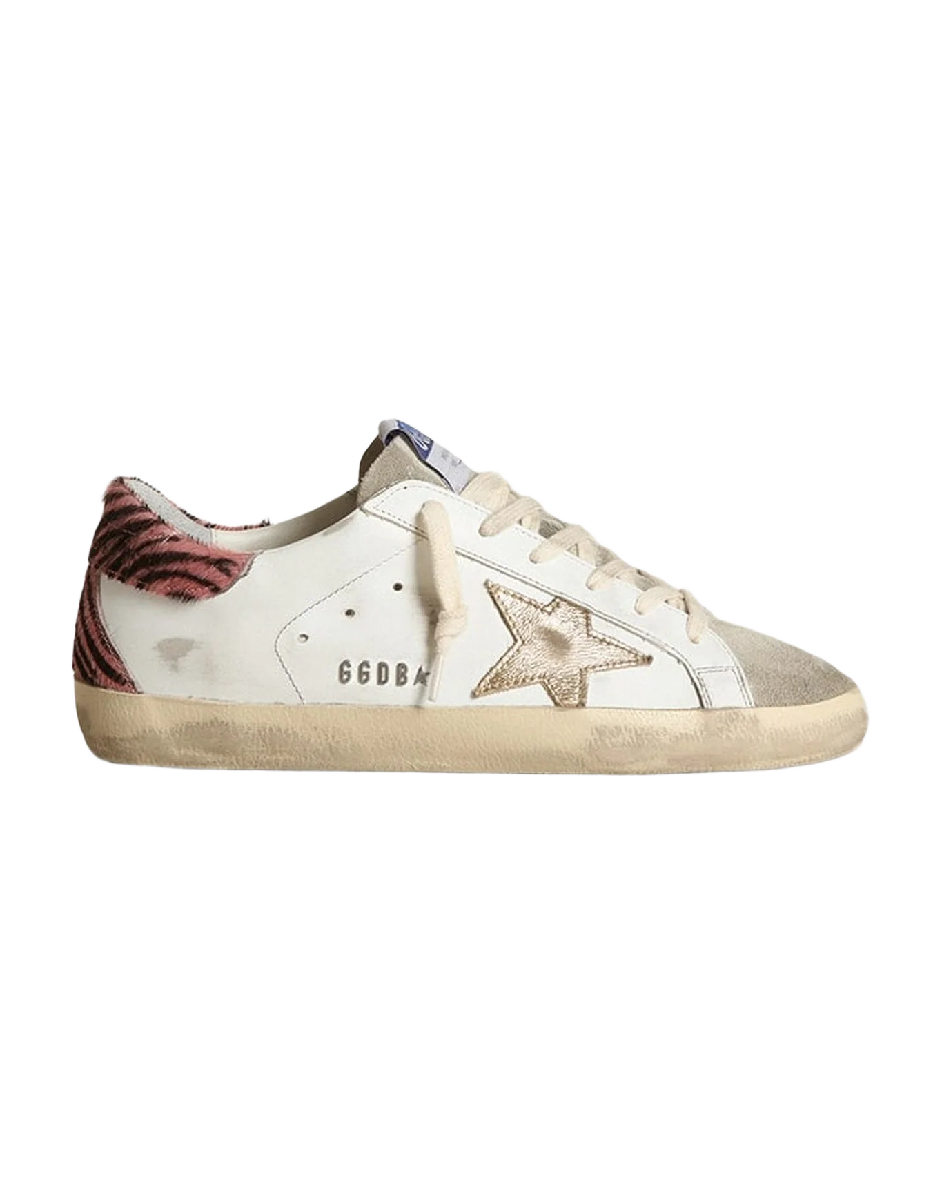 Women | Super-Star with Gold Leather Star & Zebra Pony Skin Heel Tab | White x Taupe x Pink Black