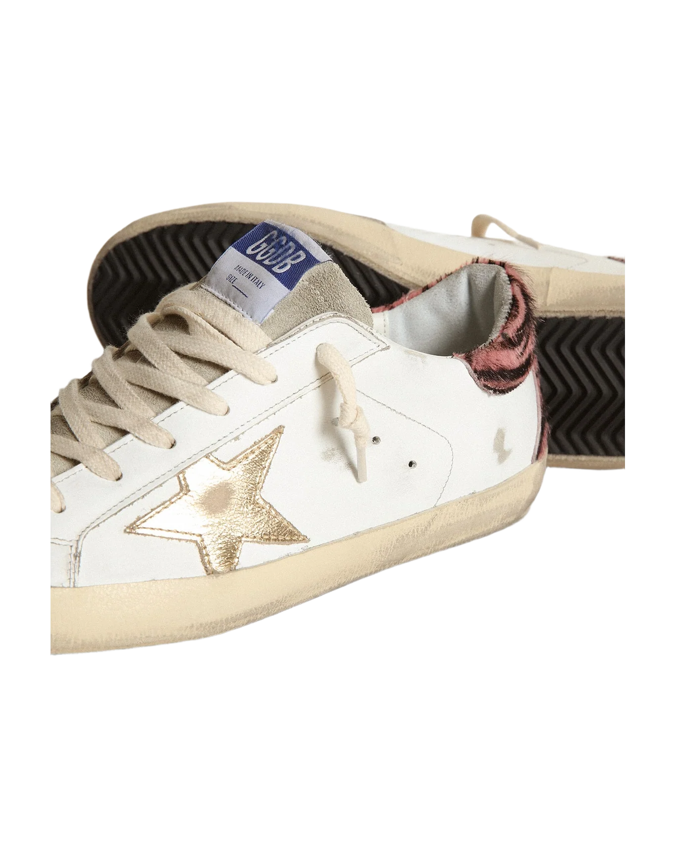 Women | Super-Star with Gold Leather Star & Zebra Pony Skin Heel Tab | White x Taupe x Pink Black - Image 2