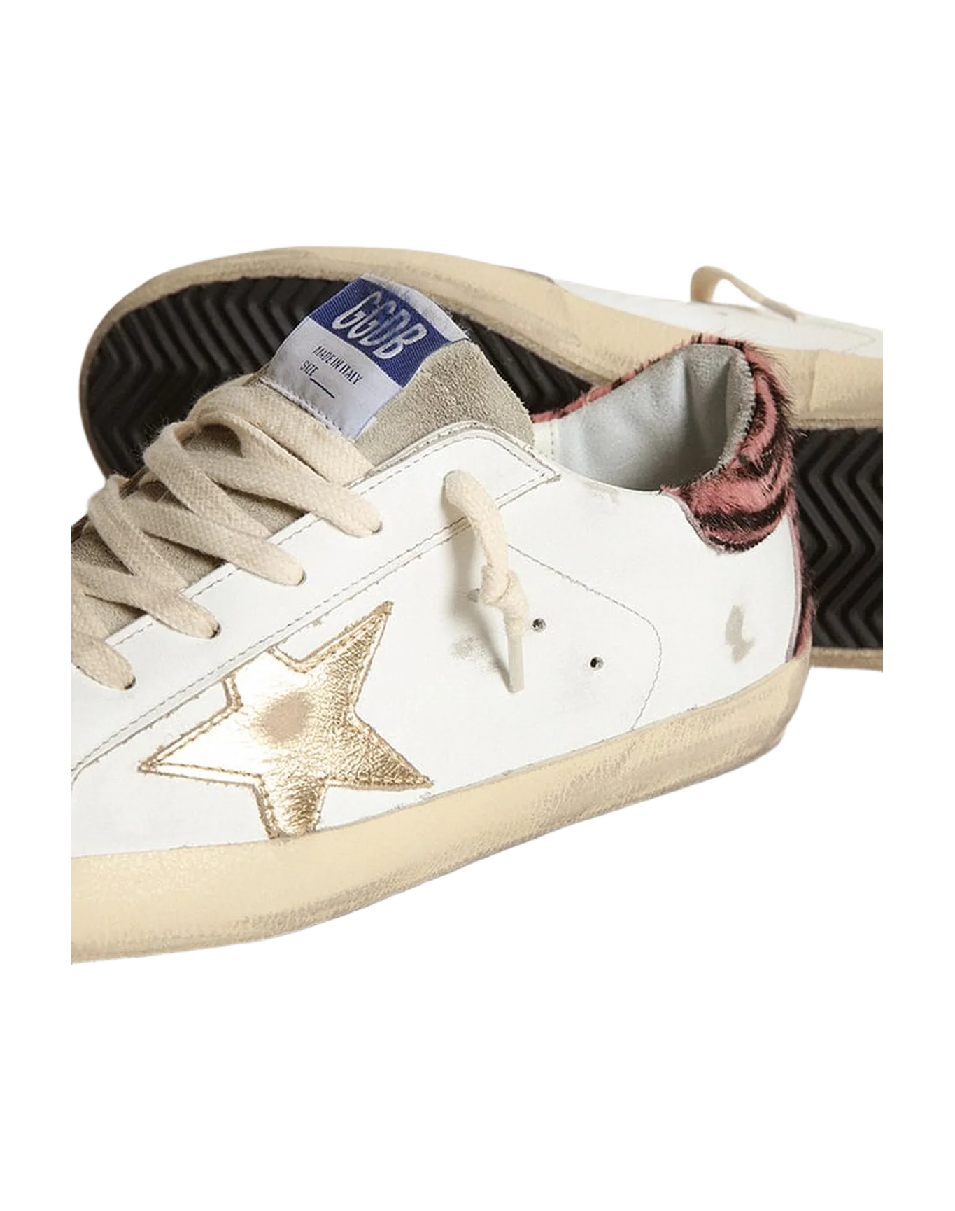 Women | Super-Star with Gold Leather Star & Zebra Pony Skin Heel Tab | White x Taupe x Pink Black - Image 4