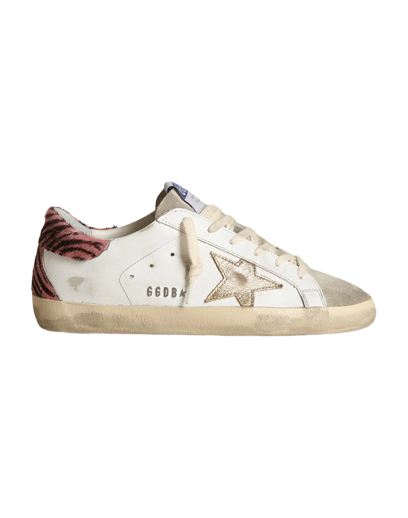 Women | Super-Star with Gold Leather Star & Zebra Pony Skin Heel Tab | White x Taupe x Pink Black - Image 8