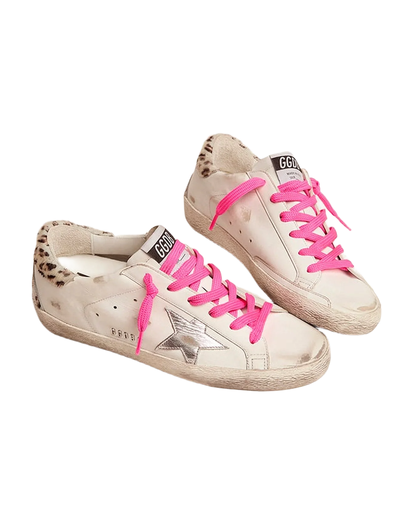Women | Super-Star with Silver Leather Star & Leo-Print Pony Skin Heel Tab | White x Silver x White Black Cream Leo - Image 3