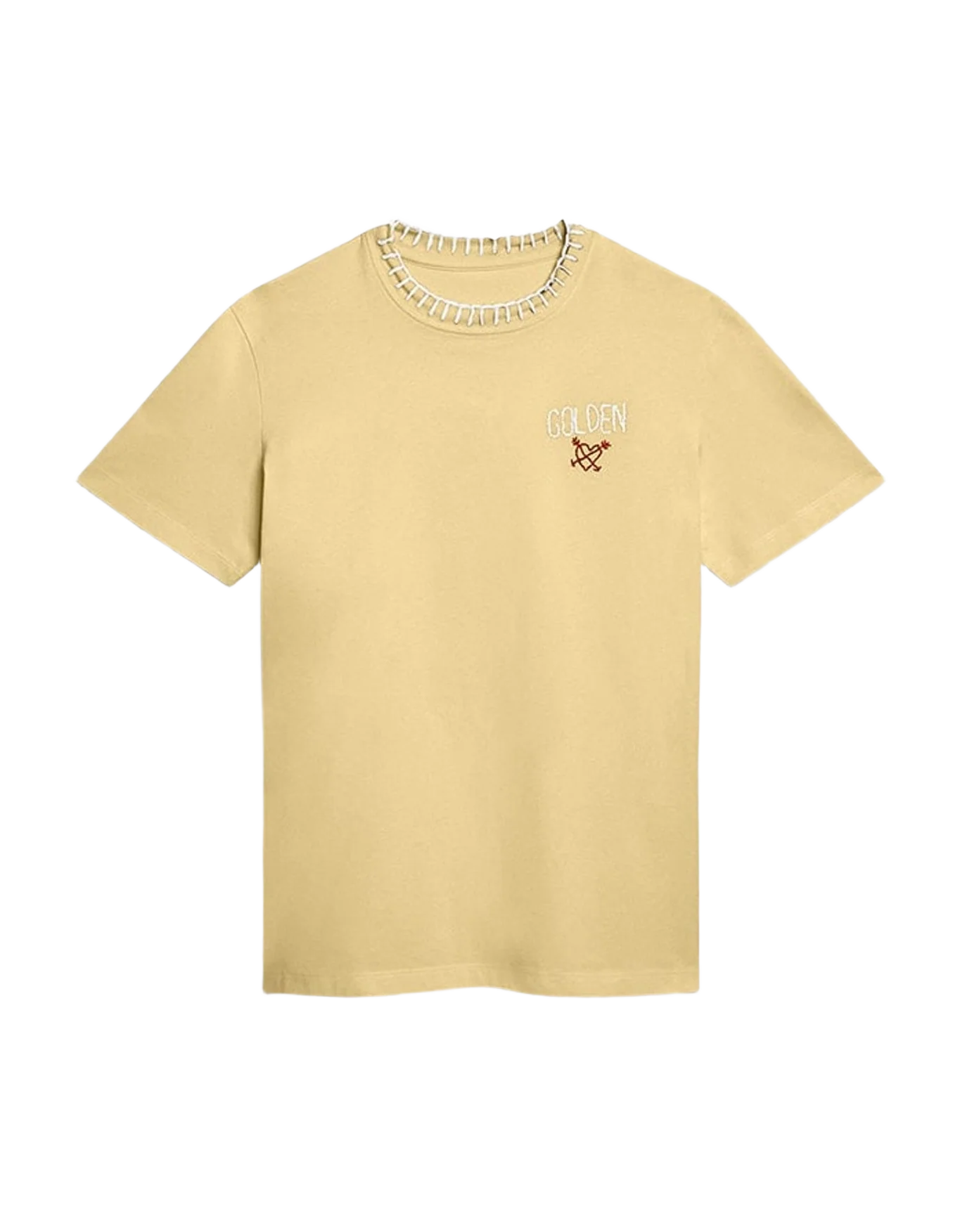 Women | T-Shirt Cotton Jersey with Embroidery On The Neck & Heart | Raffia x Heritage White x Urban Red