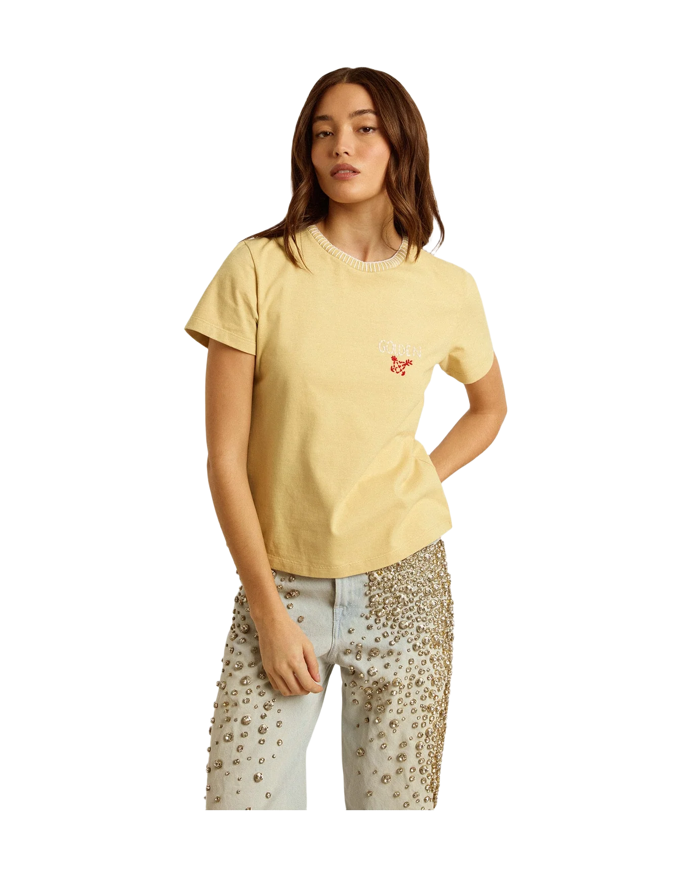 Women | T-Shirt Cotton Jersey with Embroidery On The Neck & Heart | Raffia x Heritage White x Urban Red - Image 4