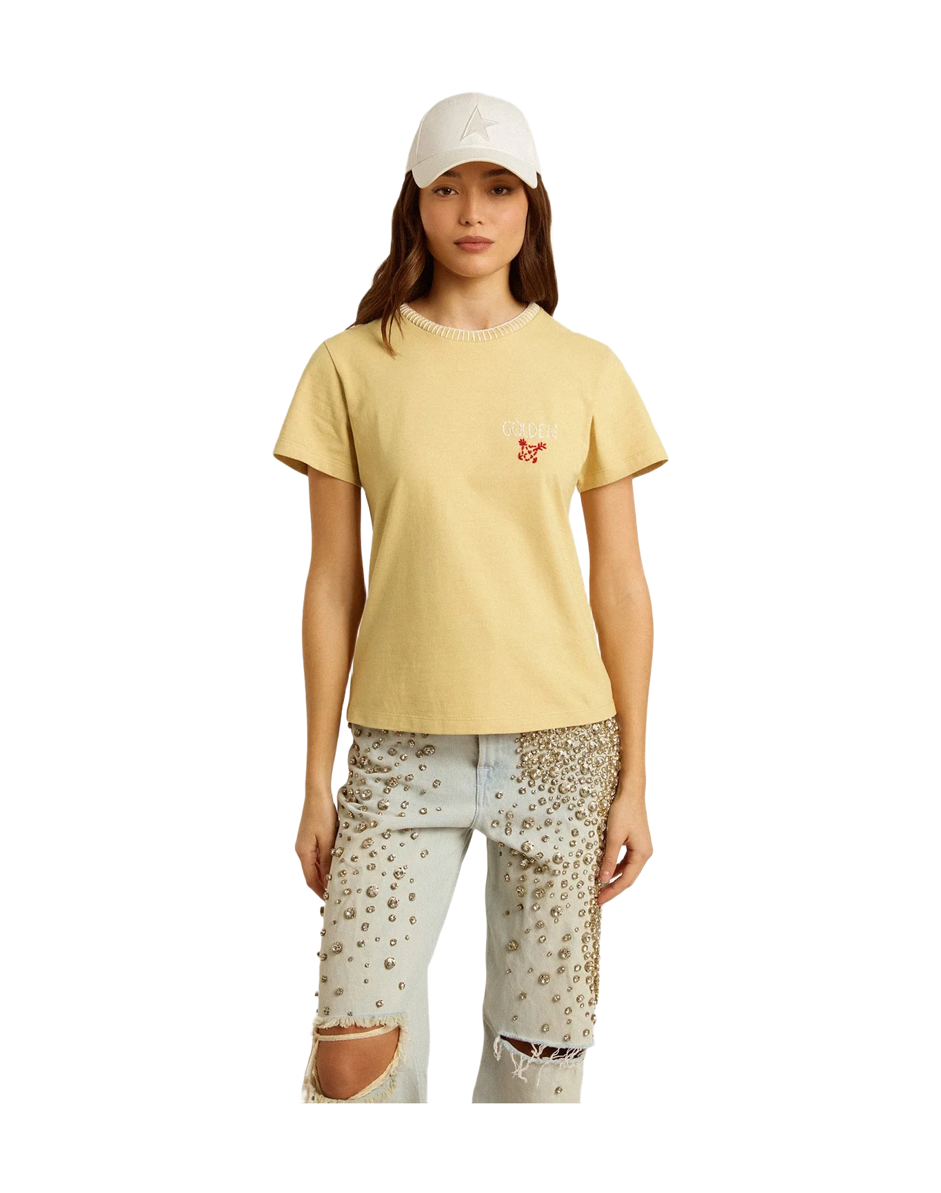 Women | T-Shirt Cotton Jersey with Embroidery On The Neck & Heart | Raffia x Heritage White x Urban Red - Image 5